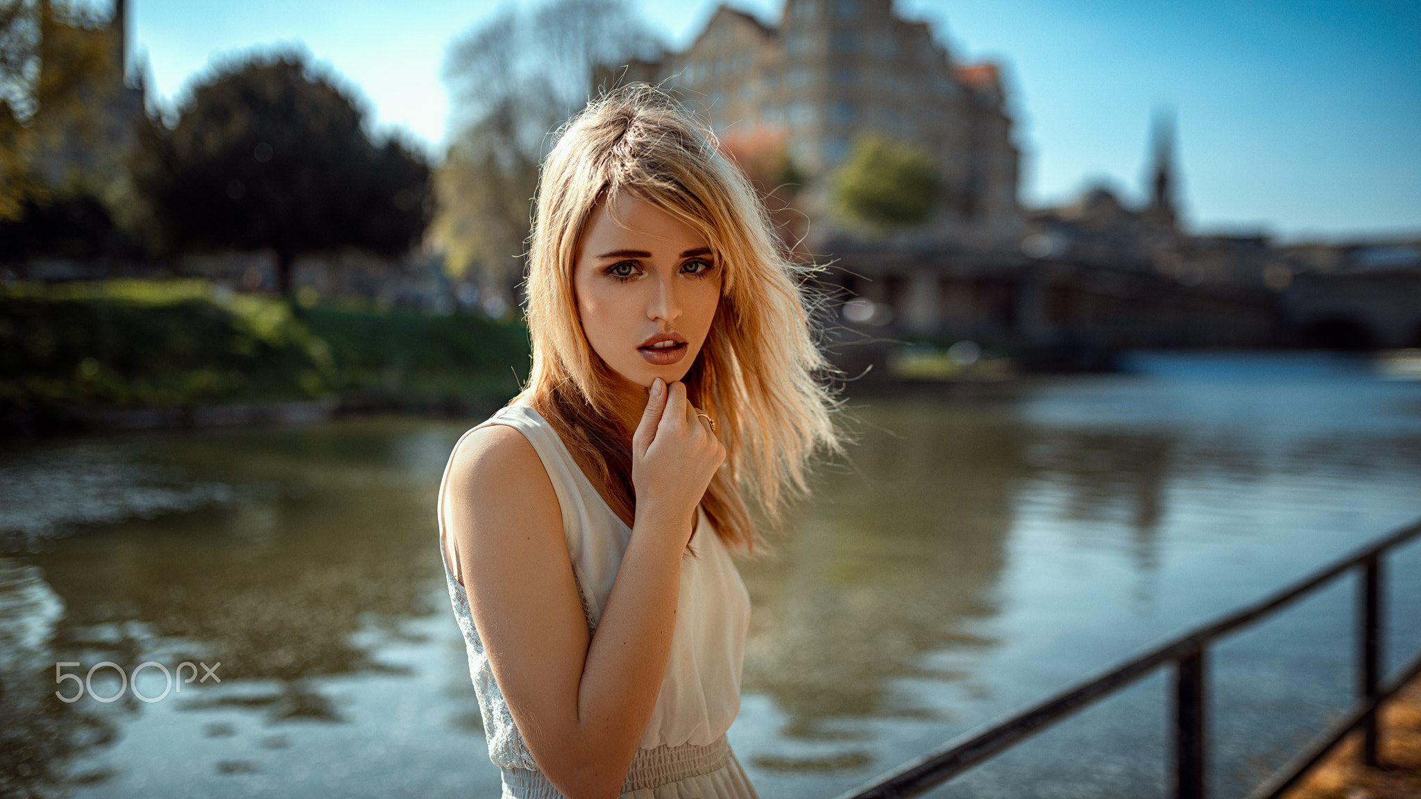 People 2048x1152 women blonde face long hair women outdoors blue eyes riverside tanned river dress portrait Oliver Gibbs 500px urban retouching looking at viewer