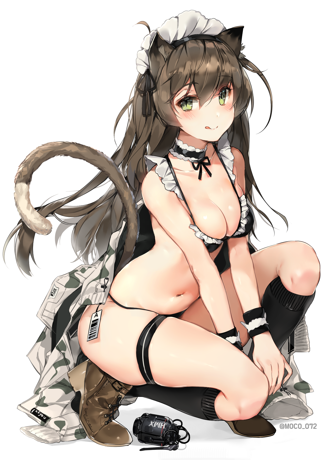 Anime 1368x1924 anime anime girls cat ears maid simple background portrait display socks long hair yellow eyes maid bikini cleavage animal ears tail cat girl tongue out brunette green eyes Onew