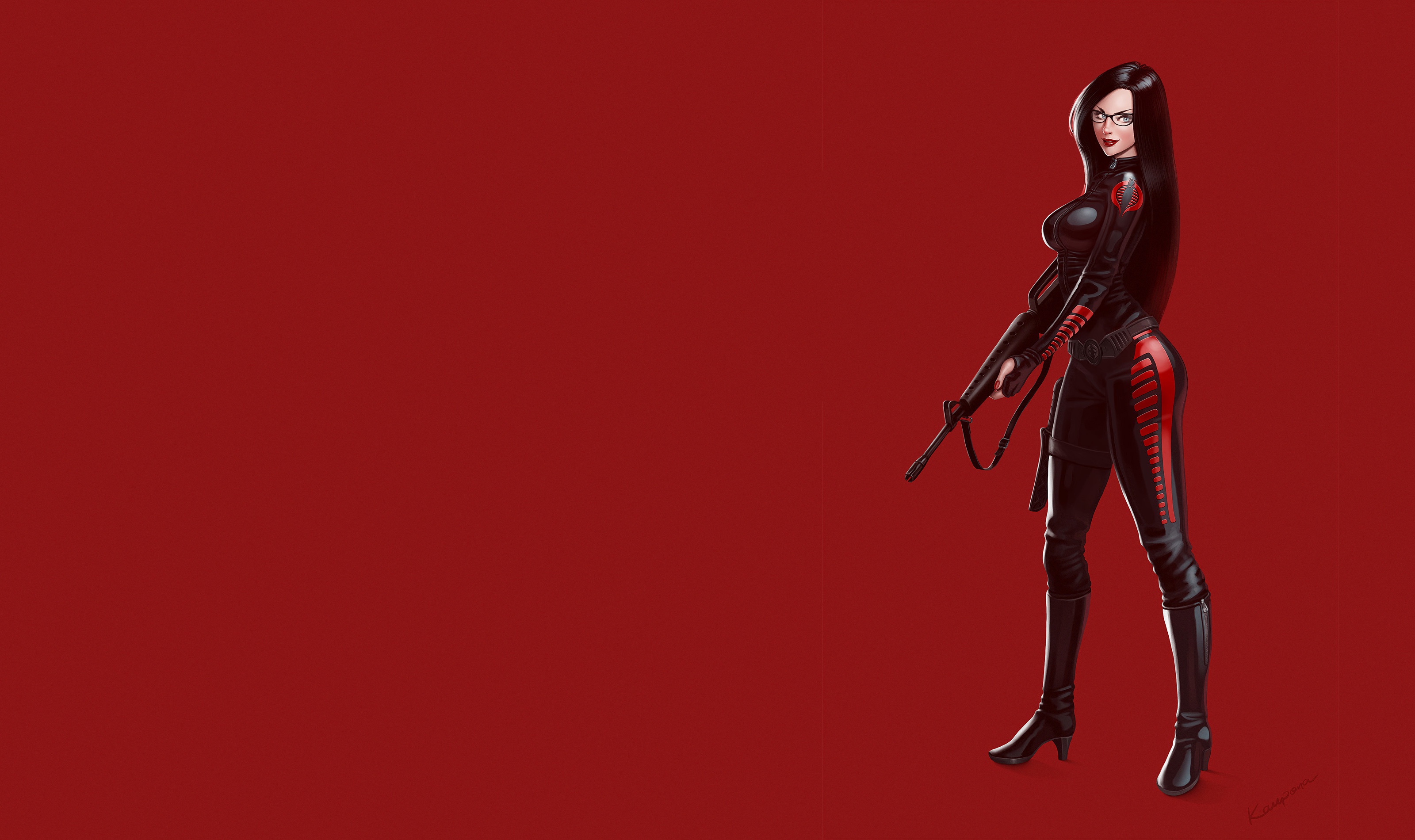 General 3200x1900 women artwork weapon red background dark hair boots Baroness G.I. Joe girls with guns red