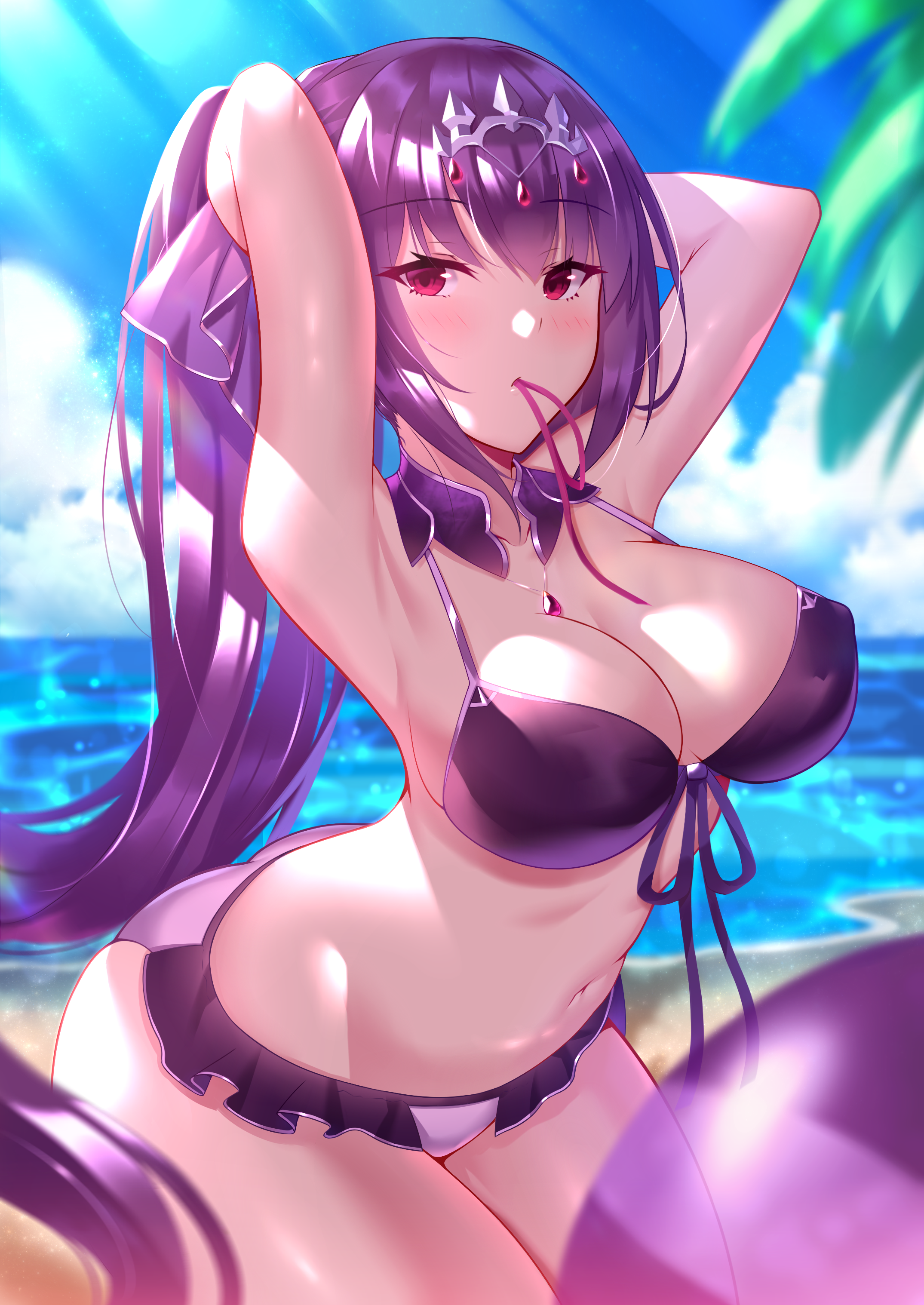 Anime 2149x3035 anime anime girls digital art portrait display long hair ponytail boobs big boobs purple eyes purple hair bikini purple bikini beach ball water clouds plants arms up Fate/Grand Order bare shoulders women outdoors armpits belly huge breasts red eyes looking at viewer women on beach kneeling outdoors Pixiv
