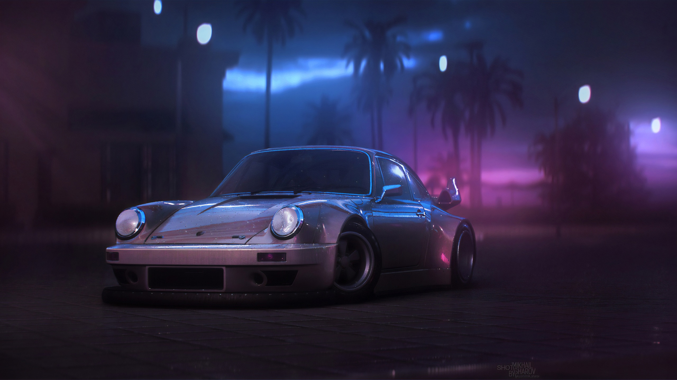 General 2560x1440 Need for Speed video games video game art car vehicle sports car lights artwork Porsche Porsche 911 silver cars purple blue night Miami wet Mikhail Sharov frontal view