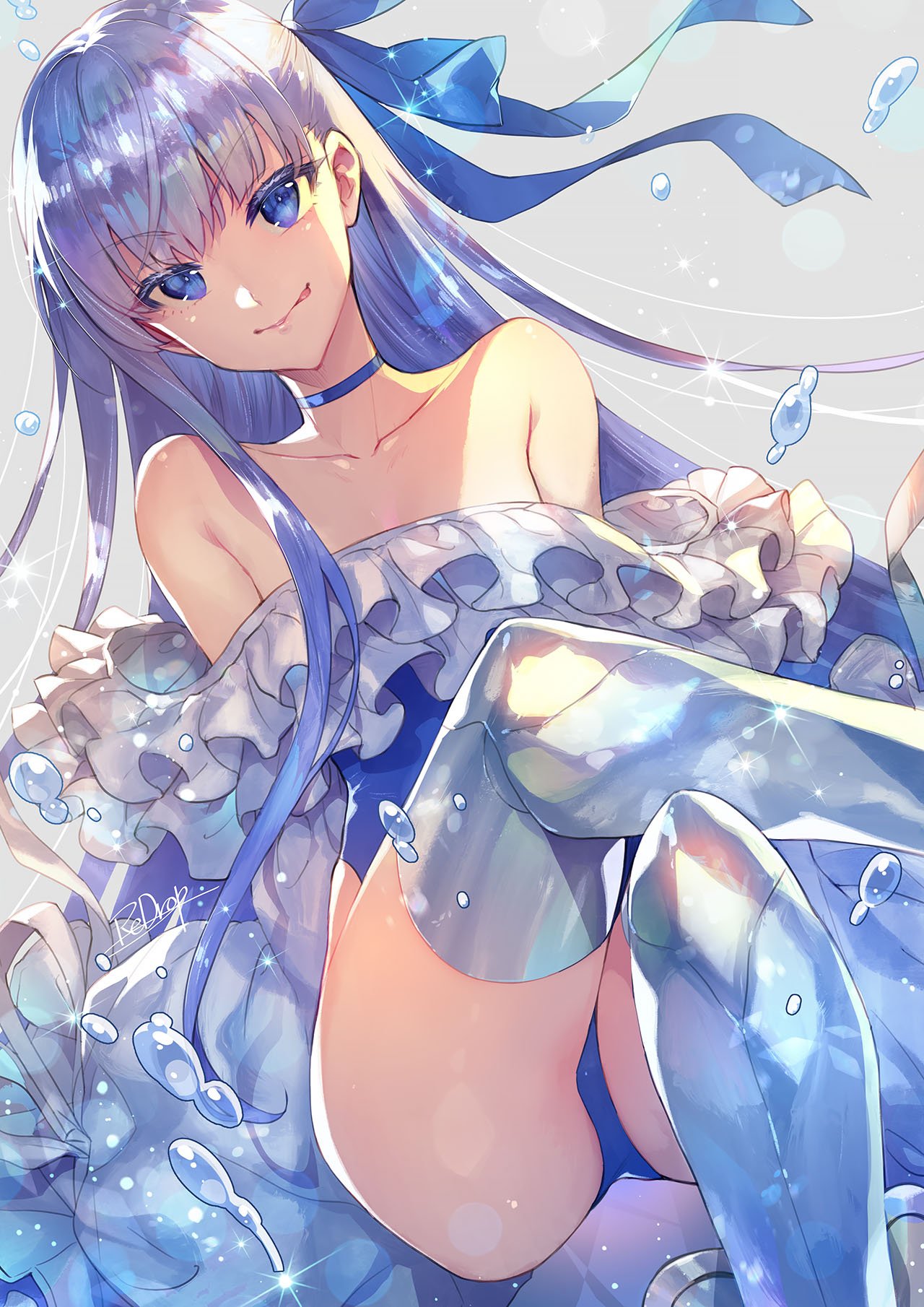 Anime 1280x1810 Fate/Grand Order Meltlilith Fate series Redrop anime anime girls blue eyes silver hair bare shoulders leotard blue leotard water drops choker looking at viewer