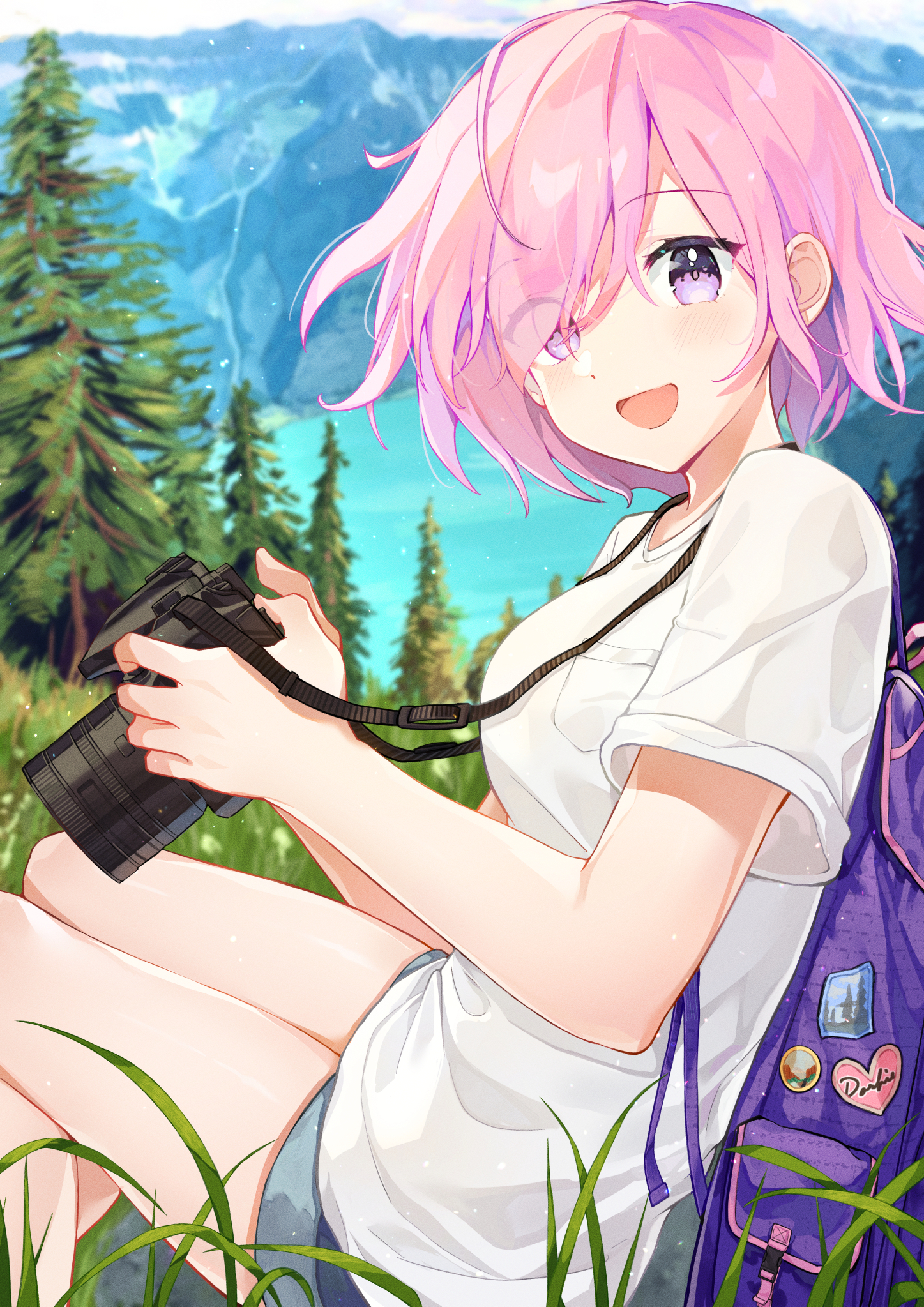 Anime 1447x2047 anime girls pink hair smile looking at viewer fringe hair short hair pink eyes forest depth of field camera white shirt short shorts backpacks grass mountain pass nature 2D open mouth Fate/Grand Order Pixiv portrait display anime Mash Kyrielight Fate series