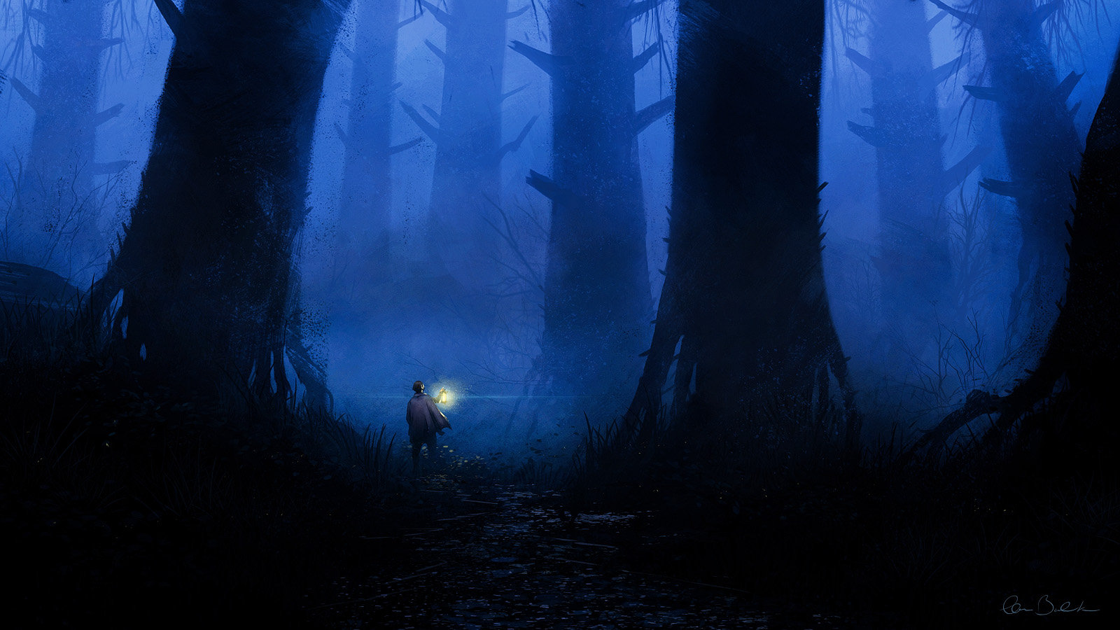 General 1600x900 Christopher Balaskas digital art fantasy art spooky dark trees forest nature blue deep forest