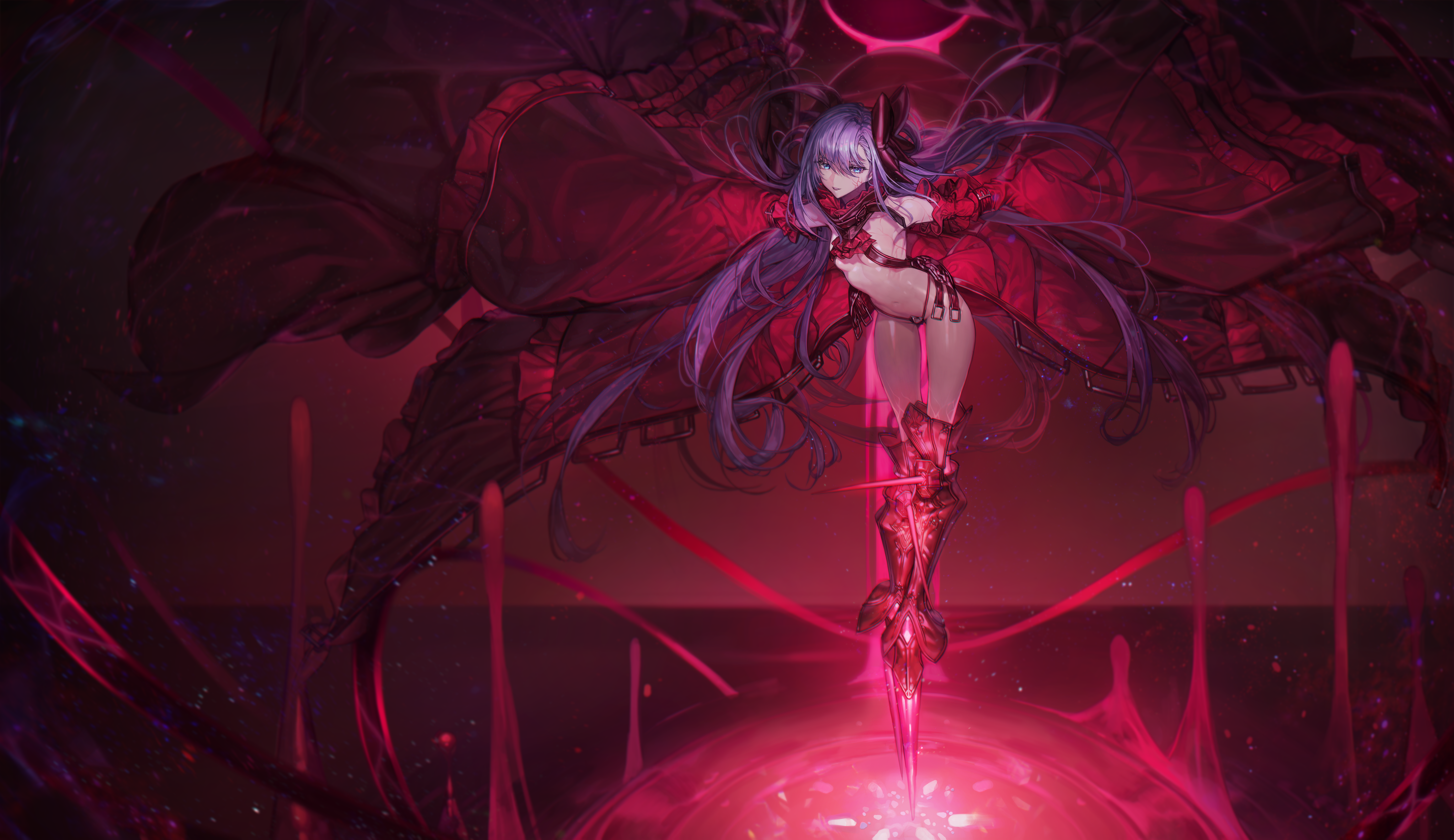 Anime 7000x4045 anime anime girls artwork Fate/Grand Order long hair purple hair blue eyes Fate series Meltlilith Chyan skimpy clothes belly belly button bare midriff arched back armpits the gap thighs