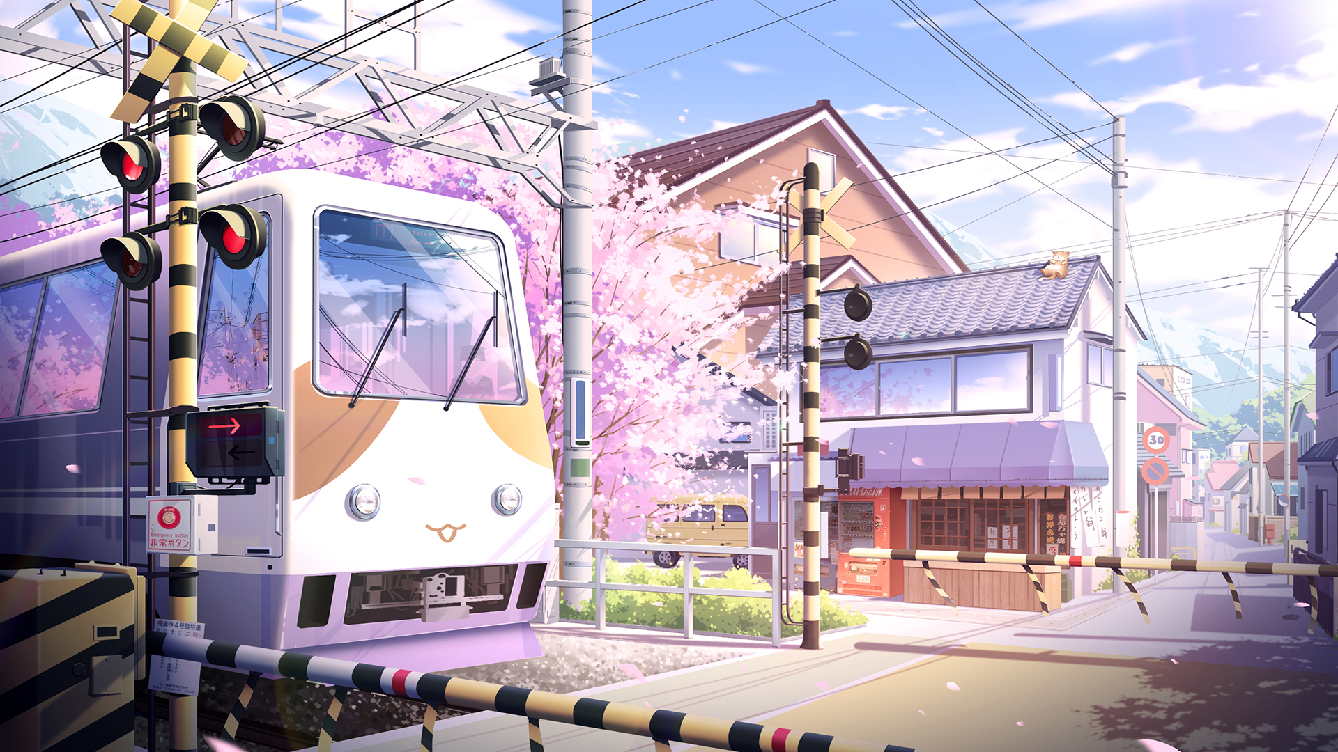 Anime 1920x1080 anime sky train vehicle colorful town Asia urban