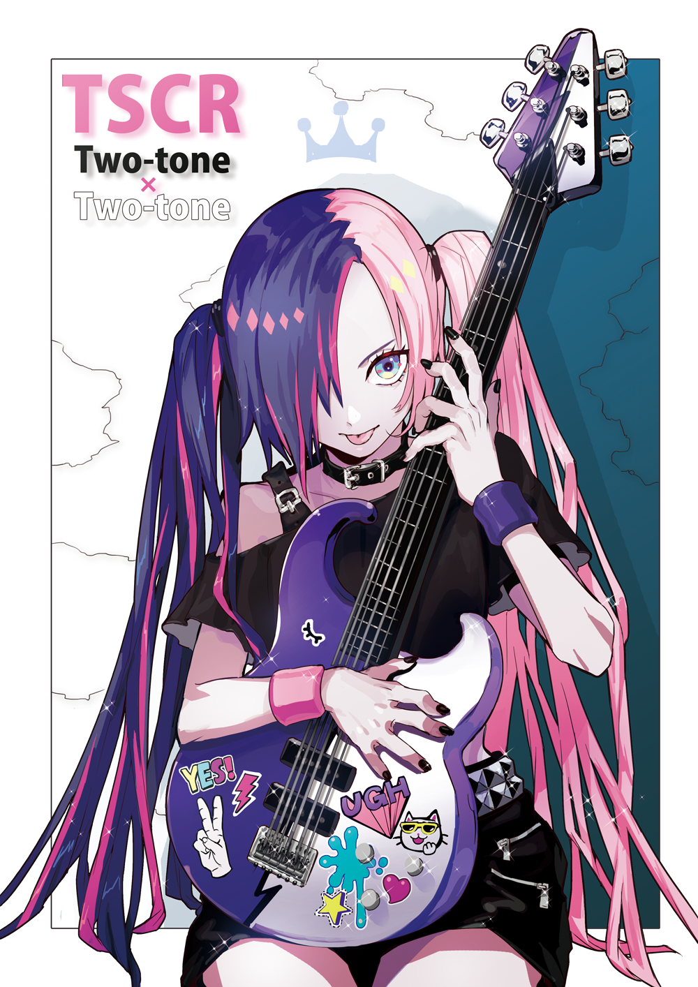 Anime 1000x1414 anime girls anime original characters guitar TSCR artwork multi-colored hair twintails tongue out goths alternative subculture