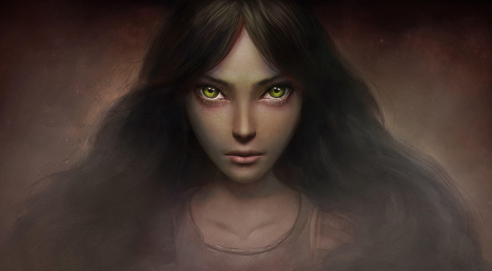 General 1919x1058 artwork face fantasy girl fantasy art dark hair long hair green eyes Alice Lidell  Alice: Madness Returns