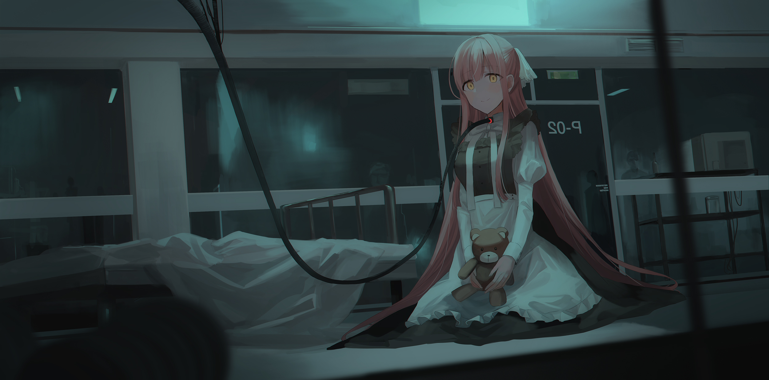 Anime 2500x1236 anime girls original characters pink hair long hair yellow eyes maid dress apron kneeling on the floor bed laboratories experiments science fiction teddy bears artwork digital art drawing illustration 2D Chihuri 45