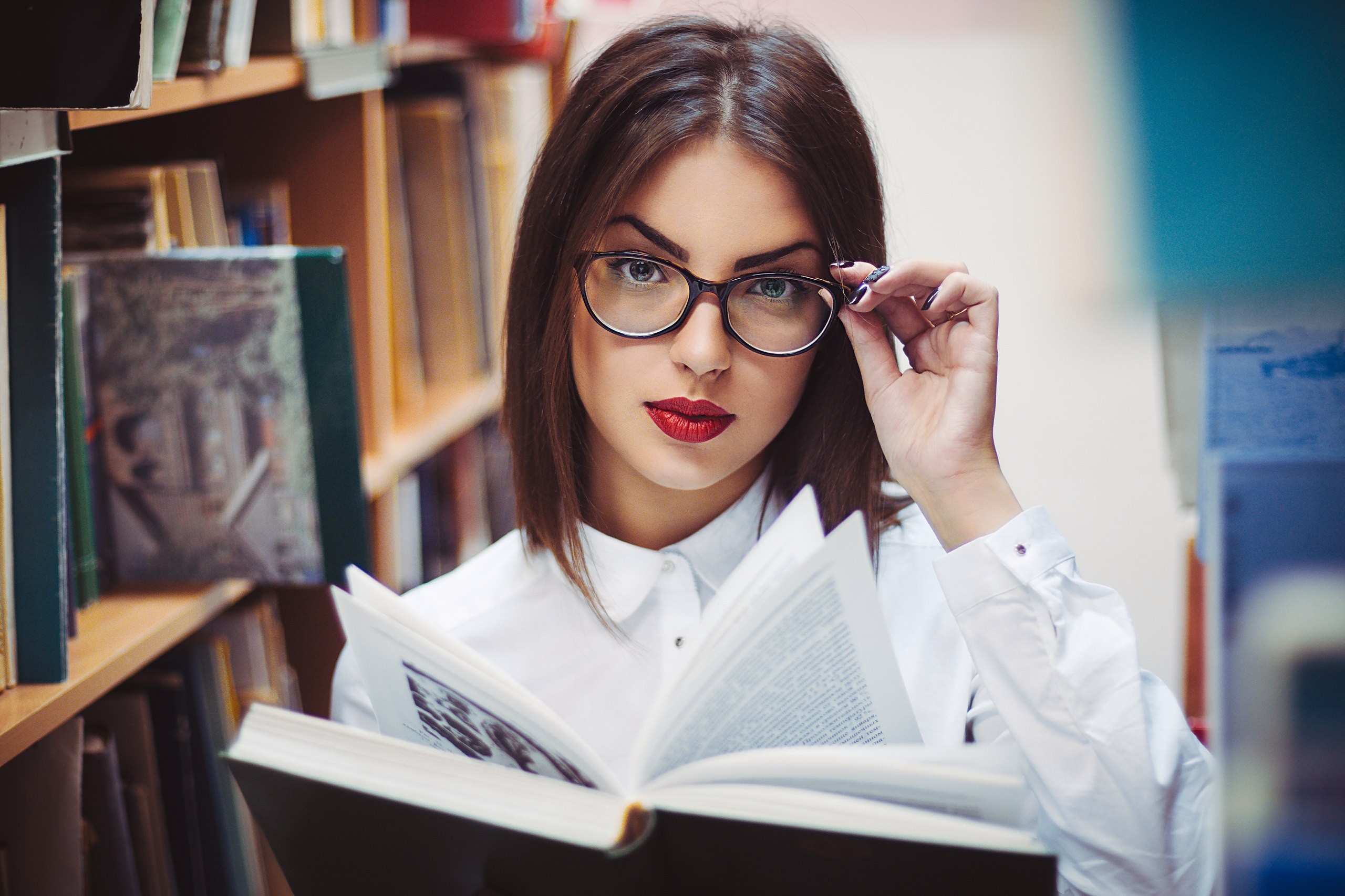 People 2560x1707 women women with glasses glasses books red lipstick portrait brunette women indoors face touching glasses