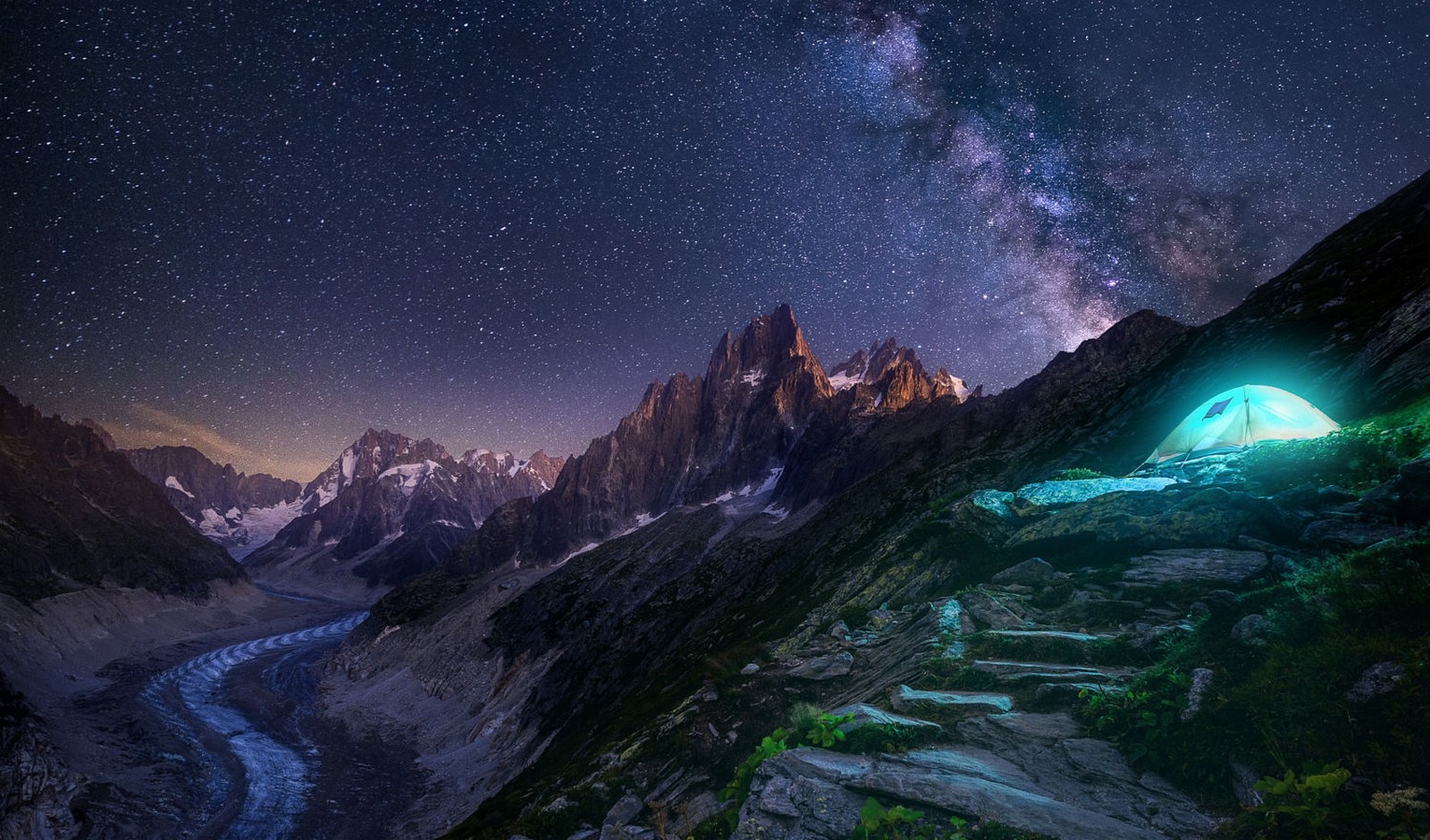General 1600x940 landscape photography nature Milky Way mountains glacier starry night camping snow lights peace long exposure cyan stars