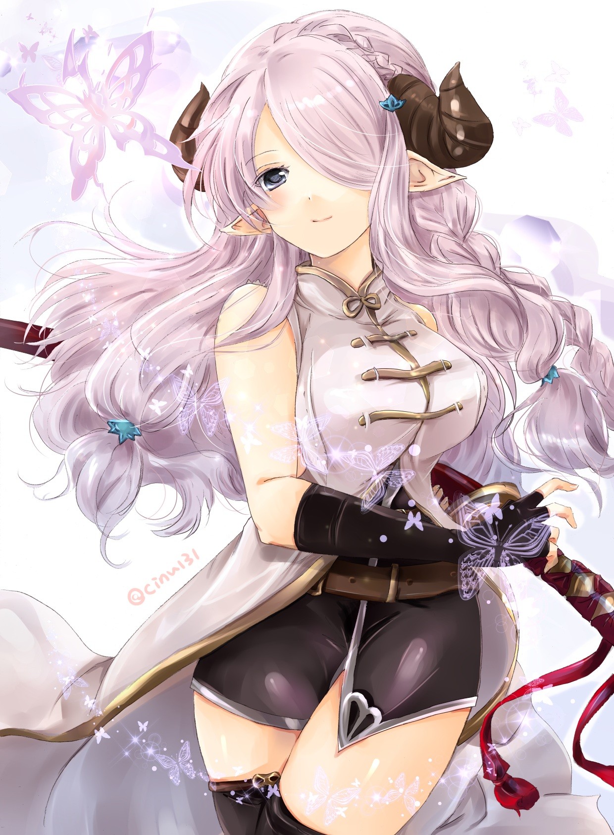 Anime 1240x1687 white background Granblue Fantasy horns Narumeia (Granblue Fantasy) pointy ears sword thigh-highs belt white hair