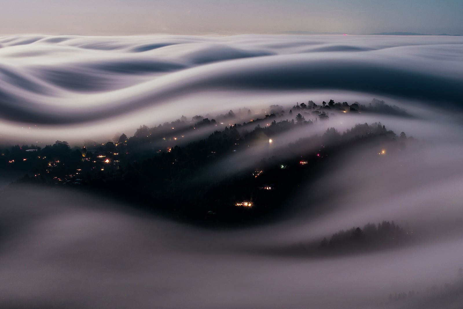 General 1600x1068 nature landscape clouds long exposure California USA trees lights forest town evening horizon aerial view dark mist moonlight