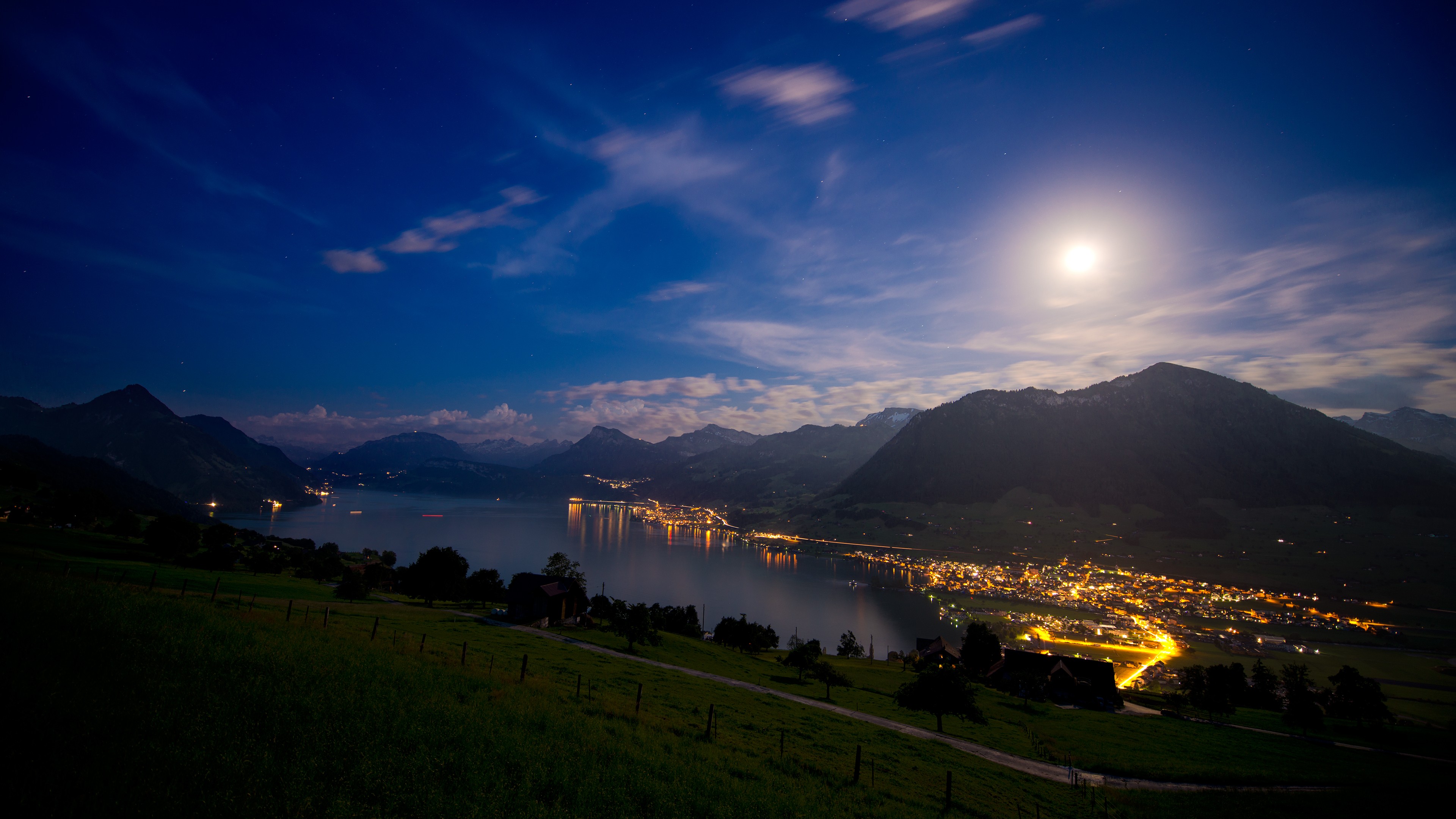General 3840x2160 city lights lake Lucerne Switzerland low light