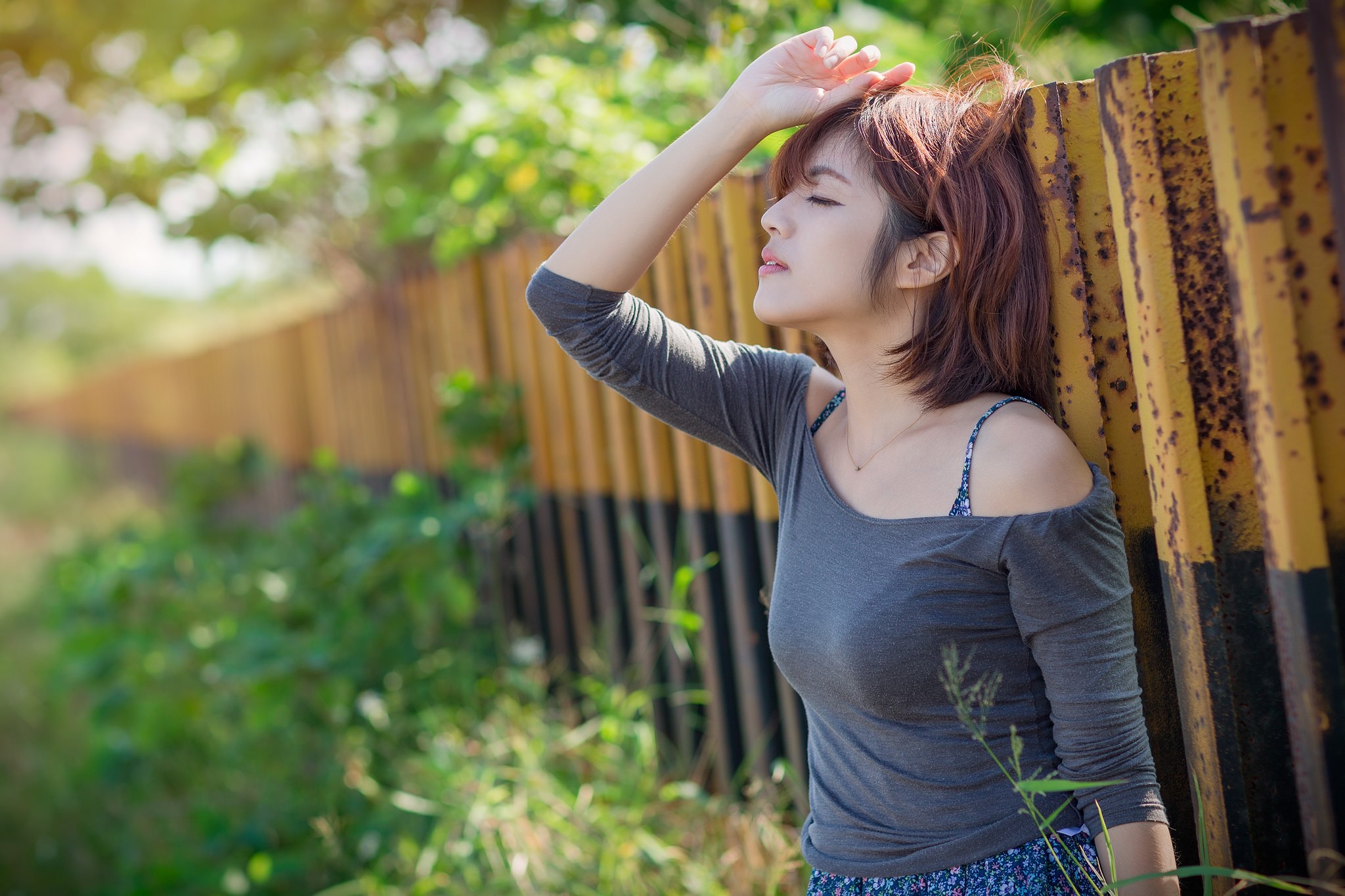 People 2048x1365 outdoors women Asian model women outdoors closed eyes one arm up