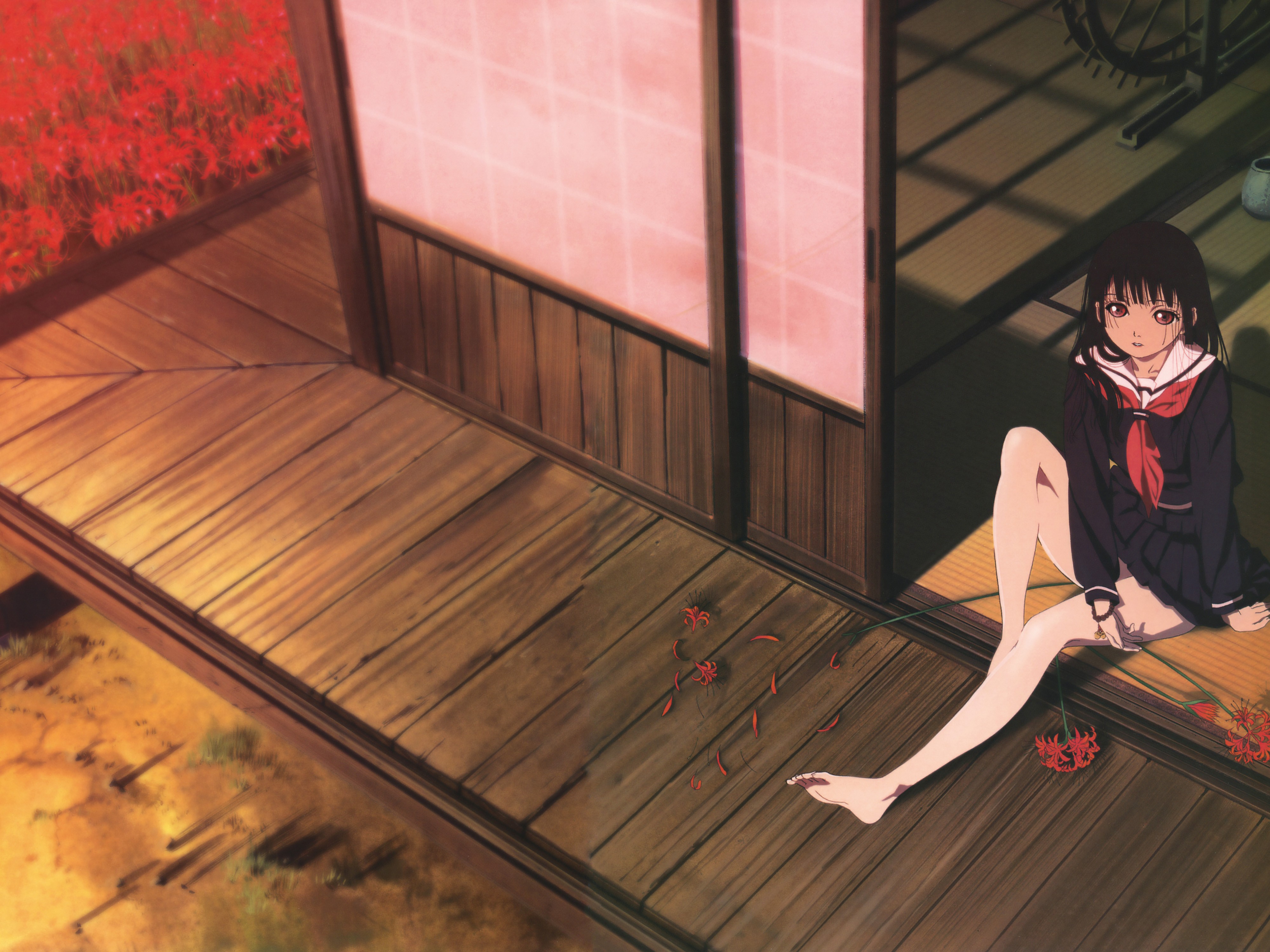 Anime 4000x3000 Jigoku Shoujo anime girls Enma Ai anime barefoot legs sitting red eyes dark hair looking up