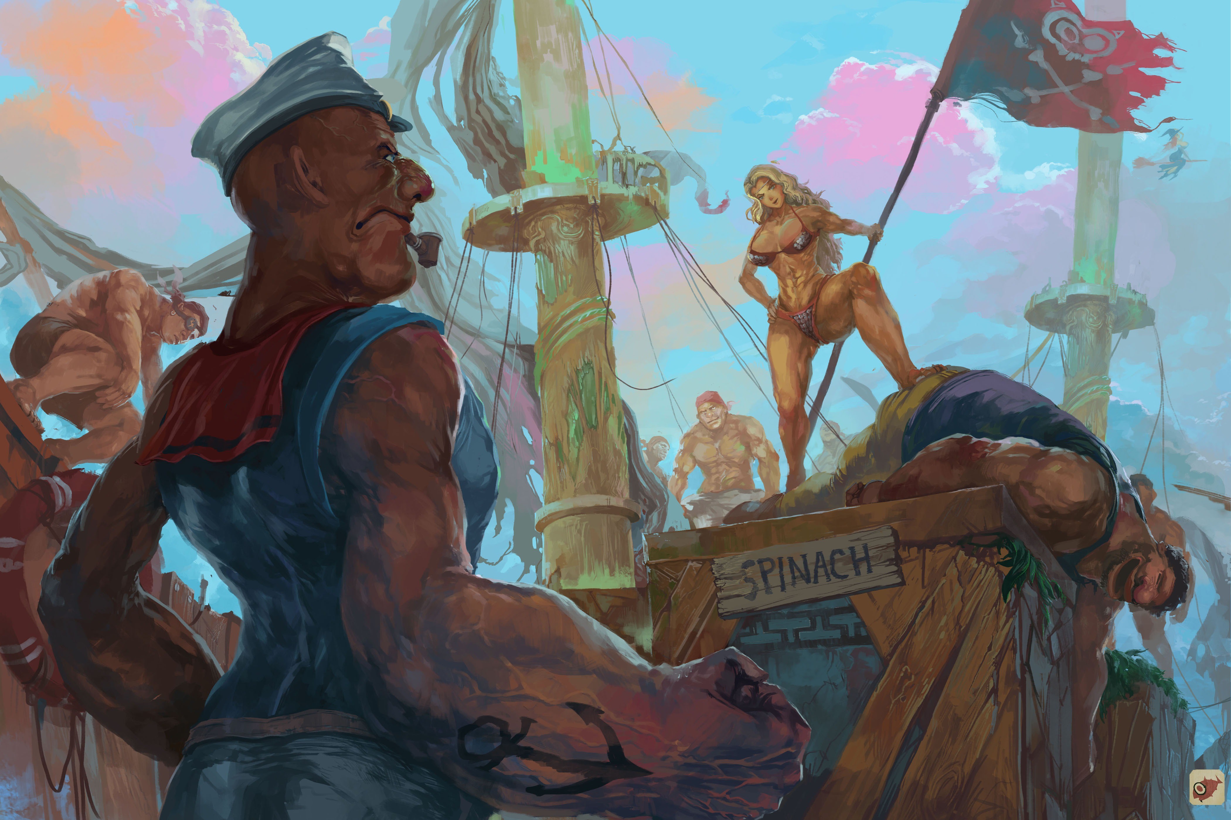General 4200x2800 Popeye artwork painting sailors Amazon (Dragon's Crown) bikini flag men women spinach digital art