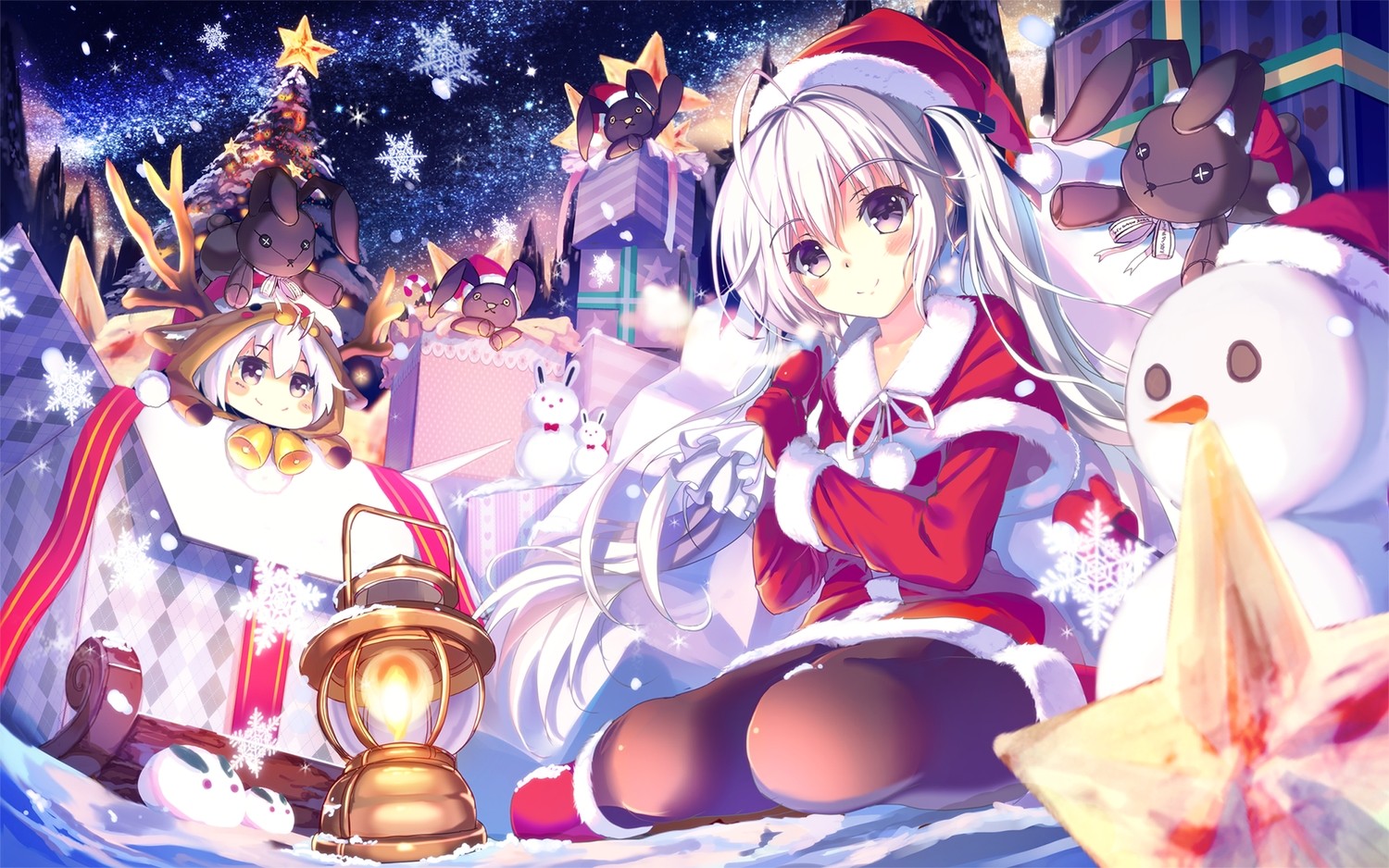 Anime 1500x938 anime girls Santa costume snow night smiling white hair long hair snowman Christmas Santa girl Santa hats