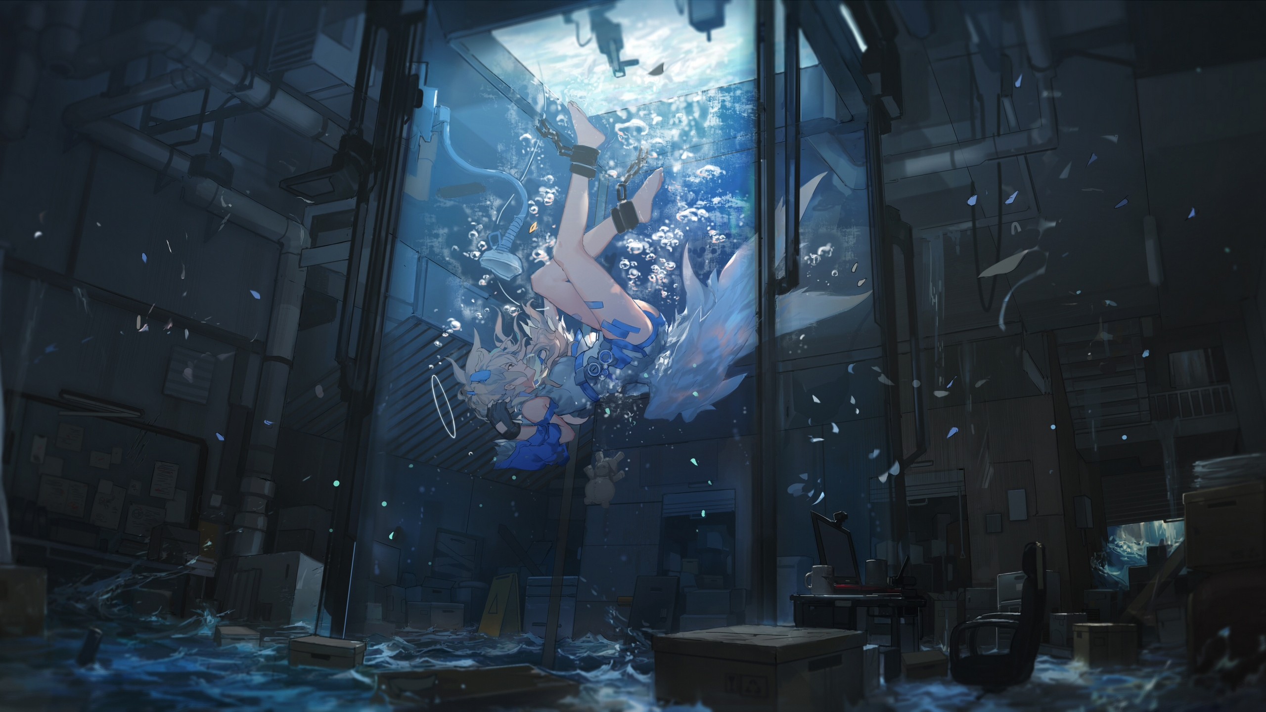 Anime 2560x1440 water chains wings underwater barefoot Miv4t