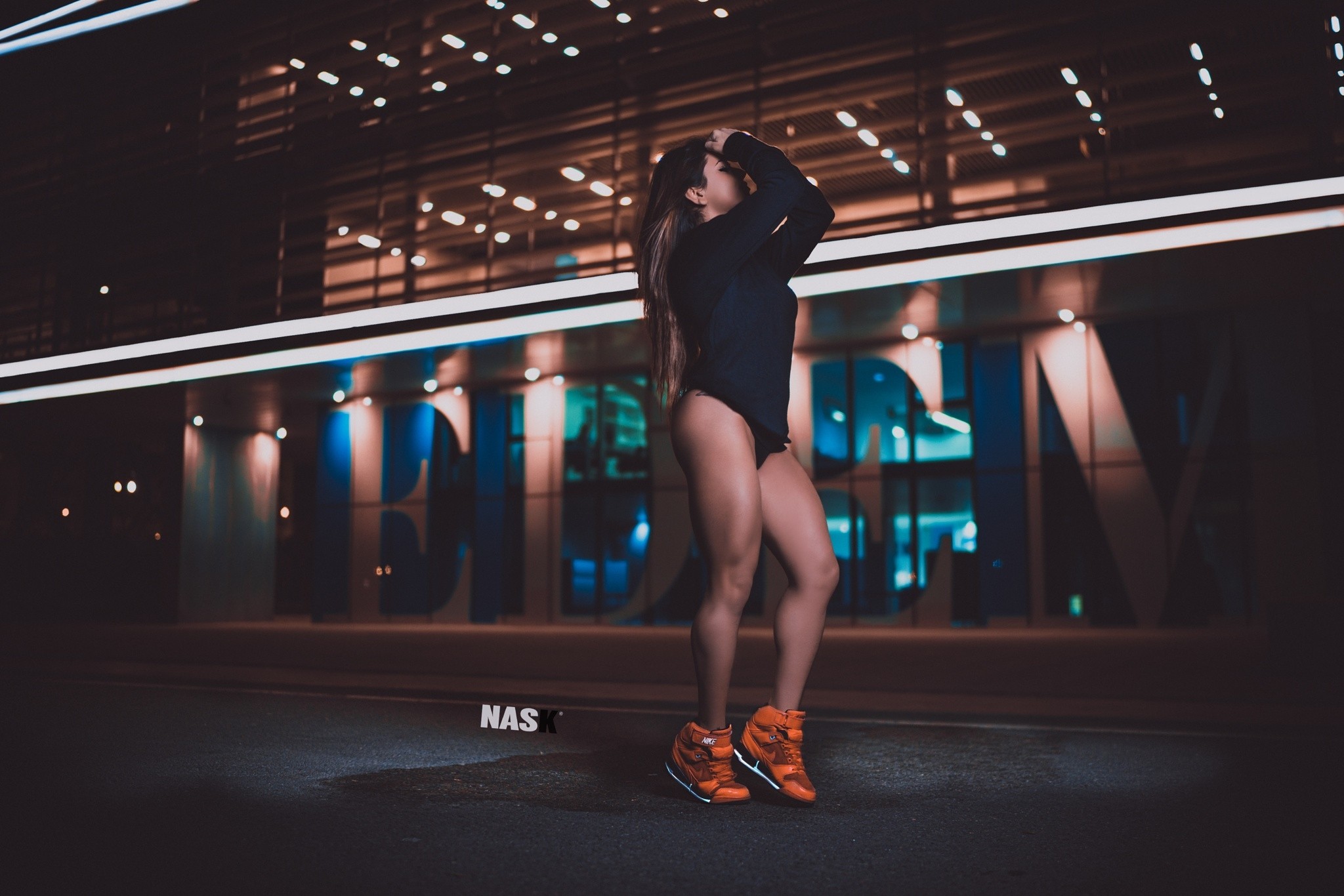 People 2048x1366 women tanned sneakers one-piece swimsuit Nask Nach Ingrid Ramon outdoors night model legs orange shoes arms up thighs long hair brunette Nike