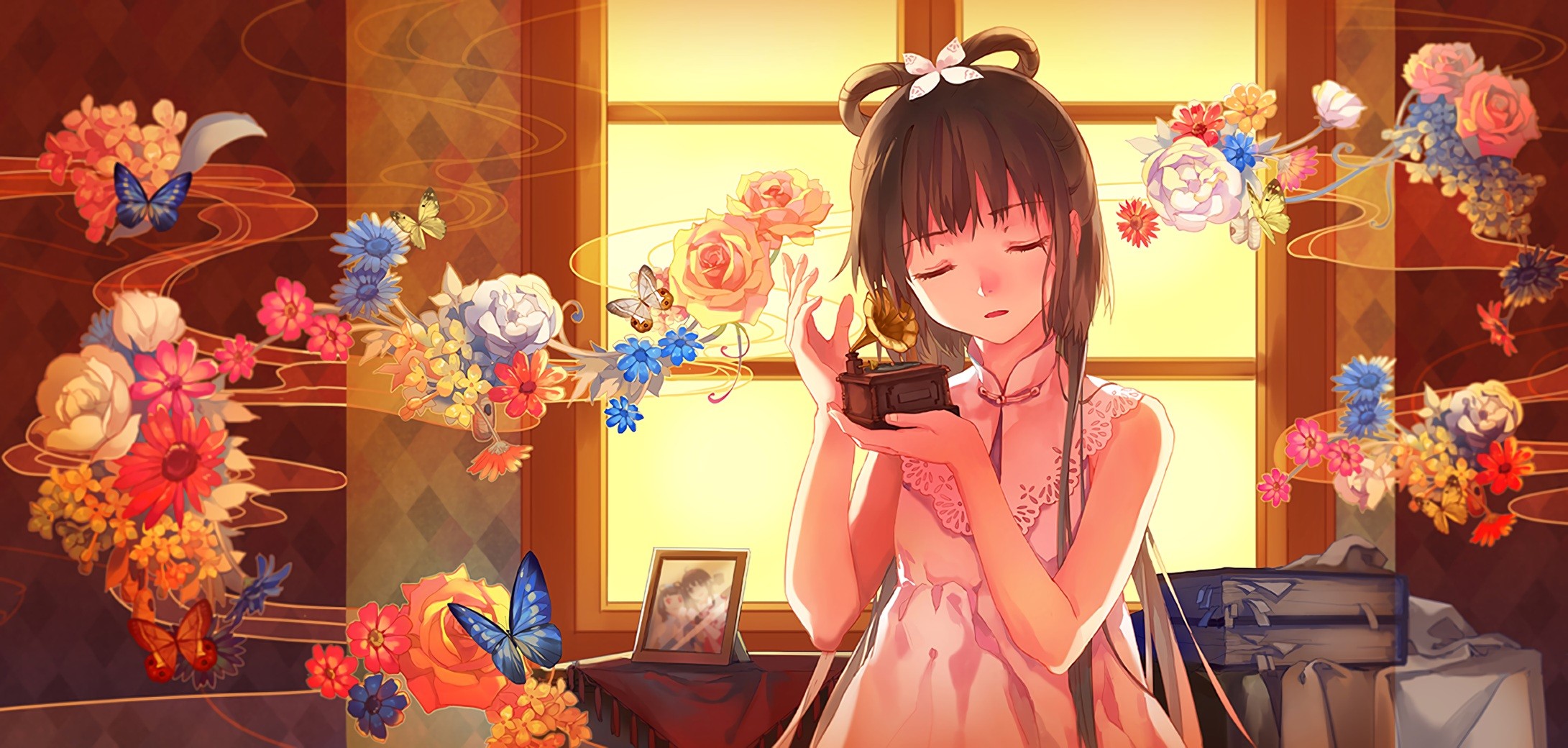 Anime 2181x1040 anime anime girls Vocaloid Vocaloid China Luo Tianyi (vocaloid) books butterfly dress flowers long hair brunette chinese dress