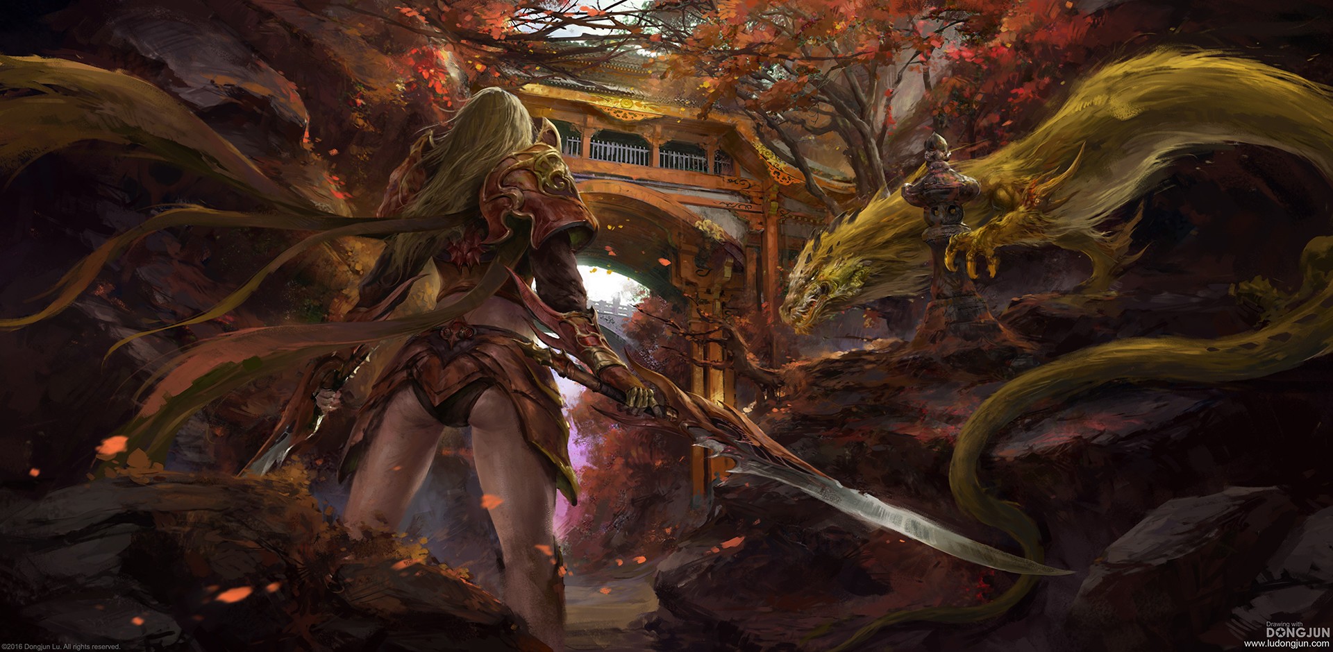 General 1920x940 fantasy art warrior ass blonde weapon fantasy girl dragon