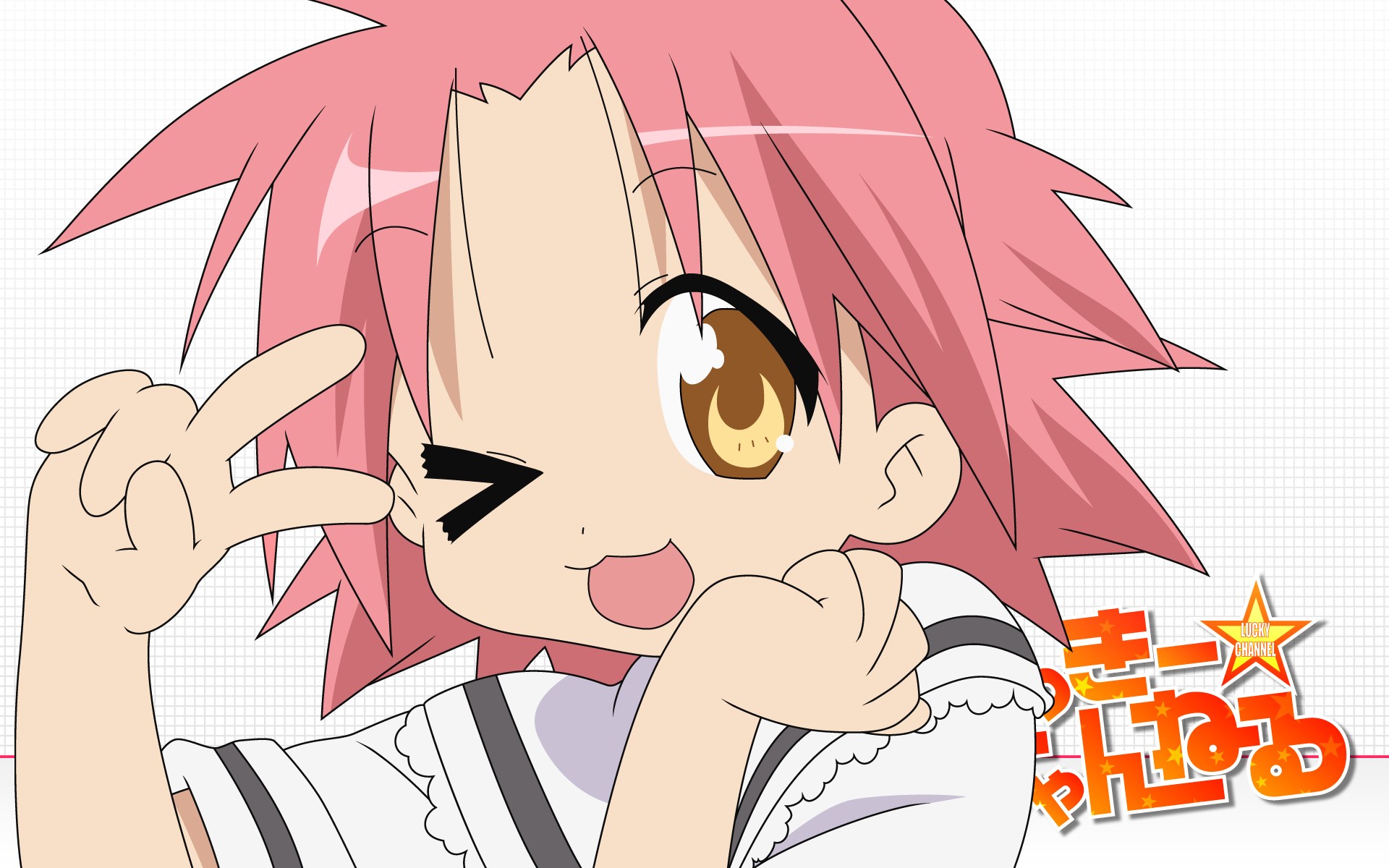 Anime 1920x1200 anime anime girls Lucky Star Kogami Akira one eye closed pink hair hand gesture simple background white background looking at viewer