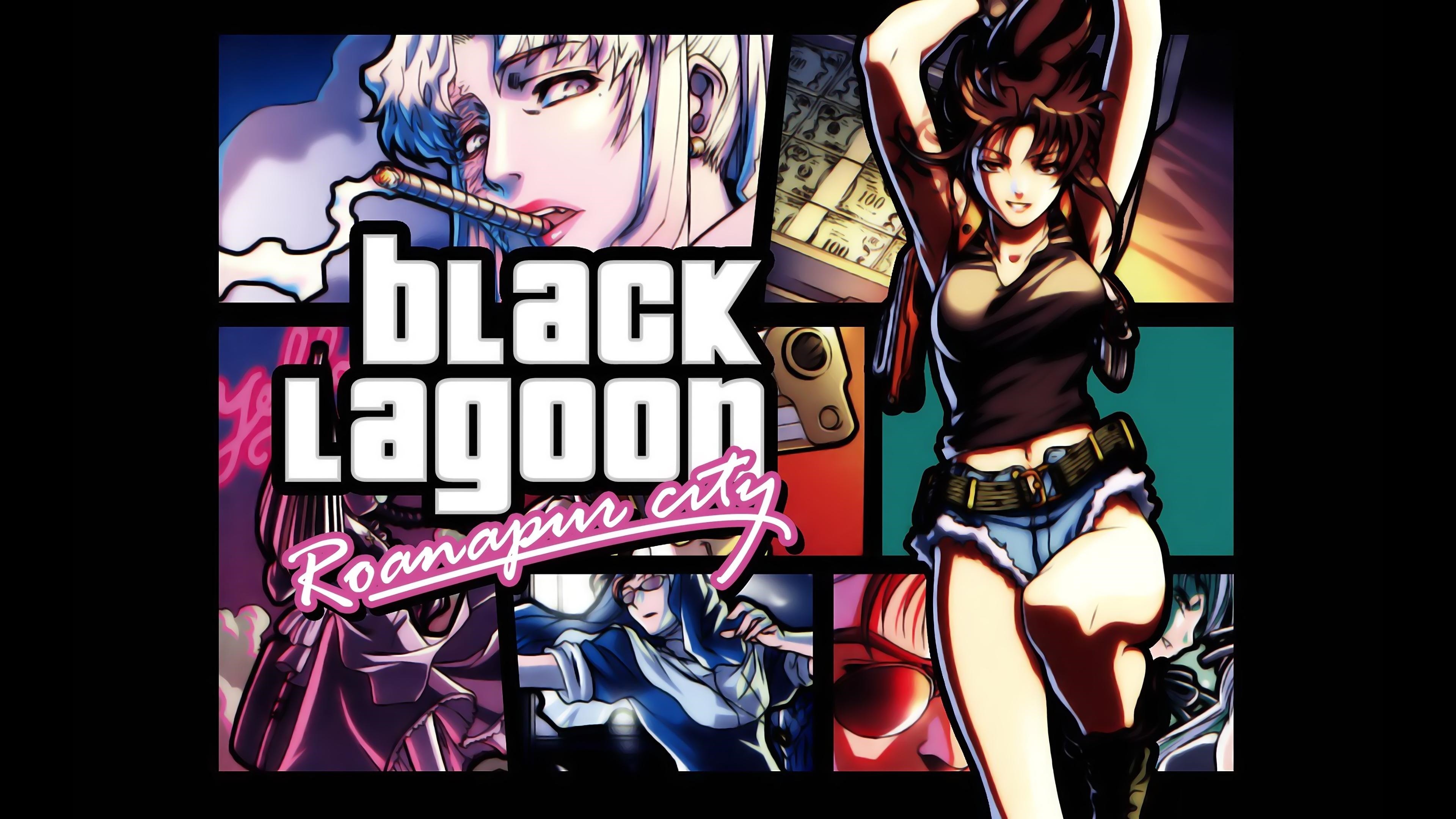 Anime 3840x2160 Black Lagoon Revy gun frontal view anime anime girls jean shorts brunette arms up smoking