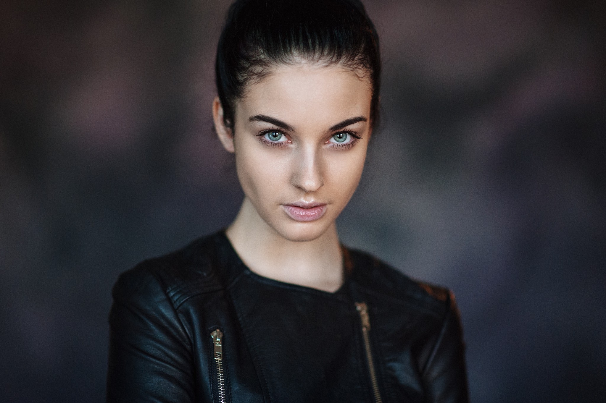 People 2048x1363 Maxim Maximov 500px photography women Alla Berger leather jacket black jackets black hair jacket face closeup black clothing looking at viewer portrait