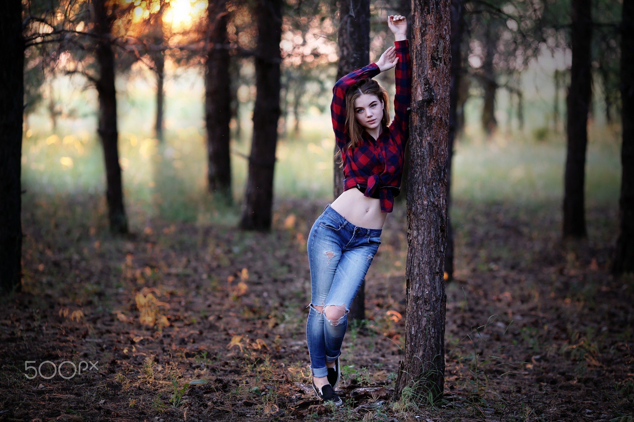 People 2048x1365 women pants jeans shirt torn jeans sneakers women outdoors forest arms up pale leaves 500px plaid shirt Murat Kuzhakhmetov Margarita Murat belly leaning trees blue  jeans slim body model