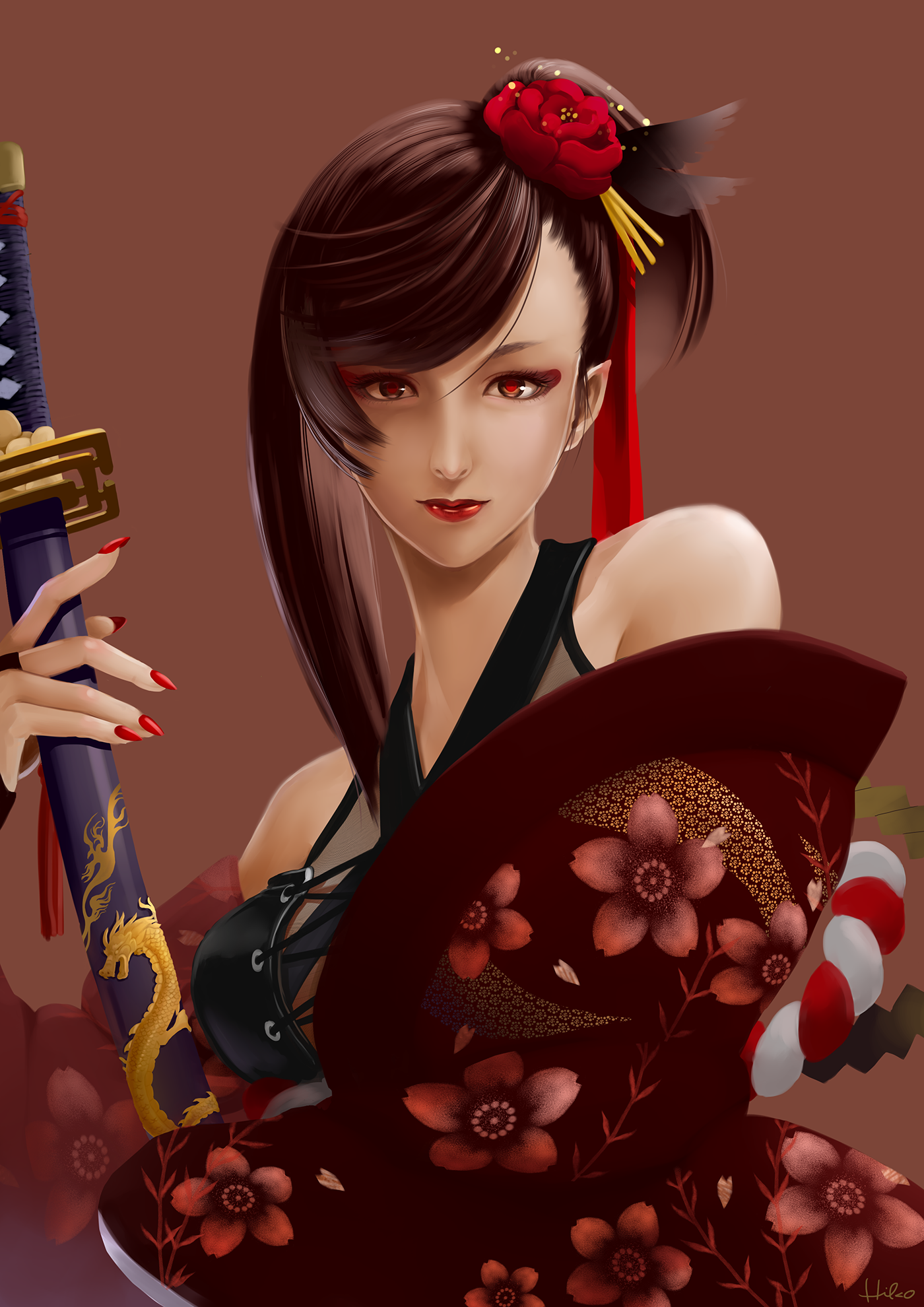 Anime 1400x1980 anime anime girls long hair red eyes katana sword Pixiv red nails red lipstick painted nails brunette simple background looking at viewer fantasy art fantasy girl