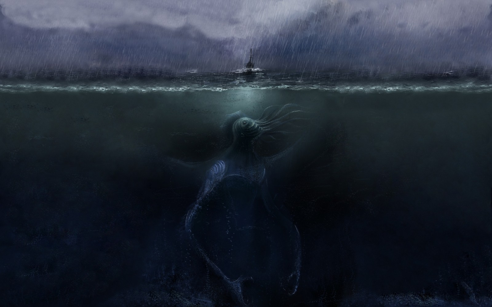 General 1600x1000 sea rain ship underwater sea monsters Cthulhu H. P. Lovecraft horror creature artwork