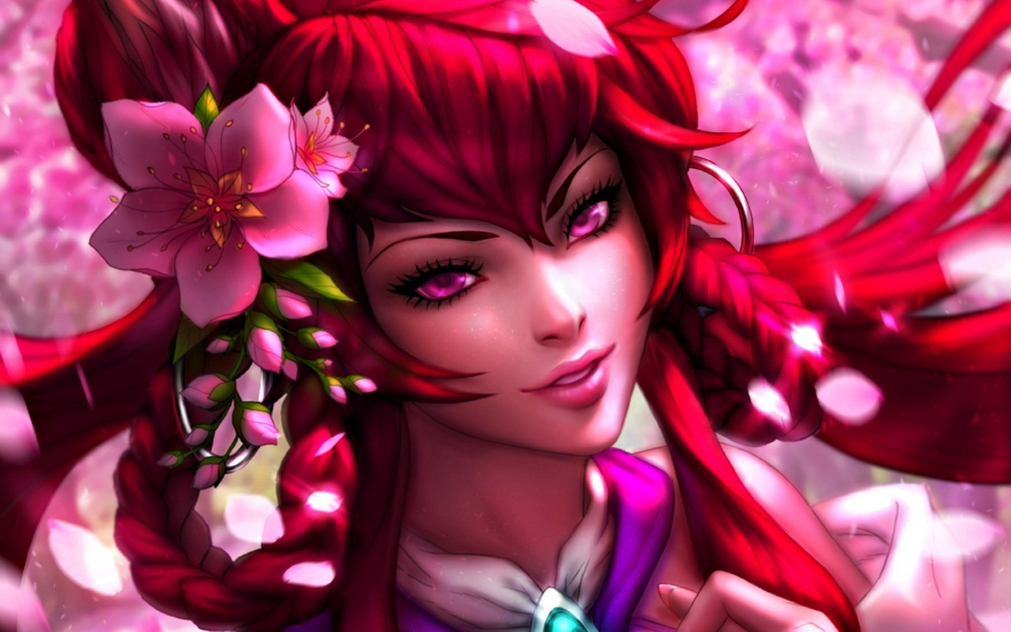 Anime 1440x900 anime redhead Michelle Hoefener anime girls flowers artwork women face pink eyes fantasy art