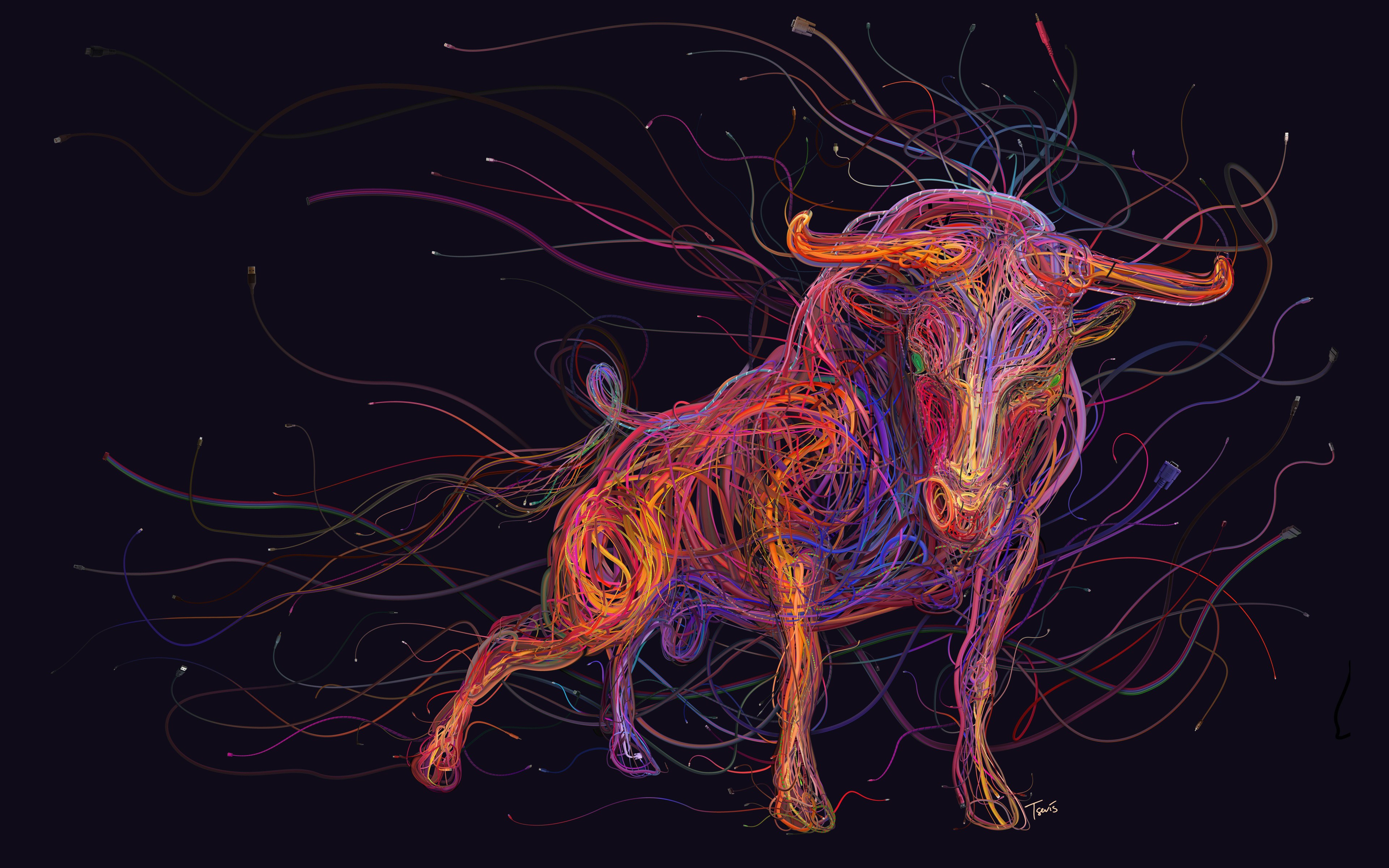 General 3840x2400 bull colorful digital art animals mammals dark background horns