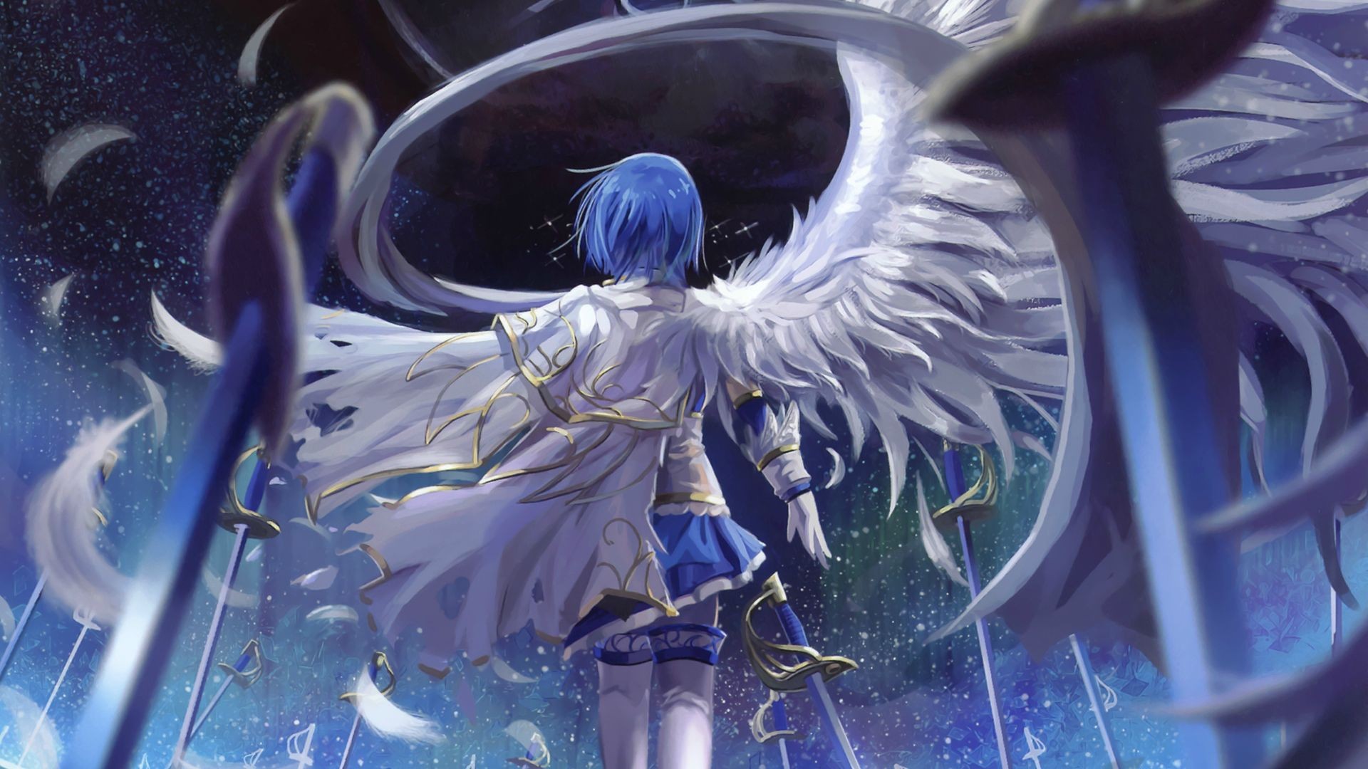 Anime 1920x1080 Mahou Shoujo Madoka Magica anime girls wings blue hair anime fantasy art fantasy girl feathers sword