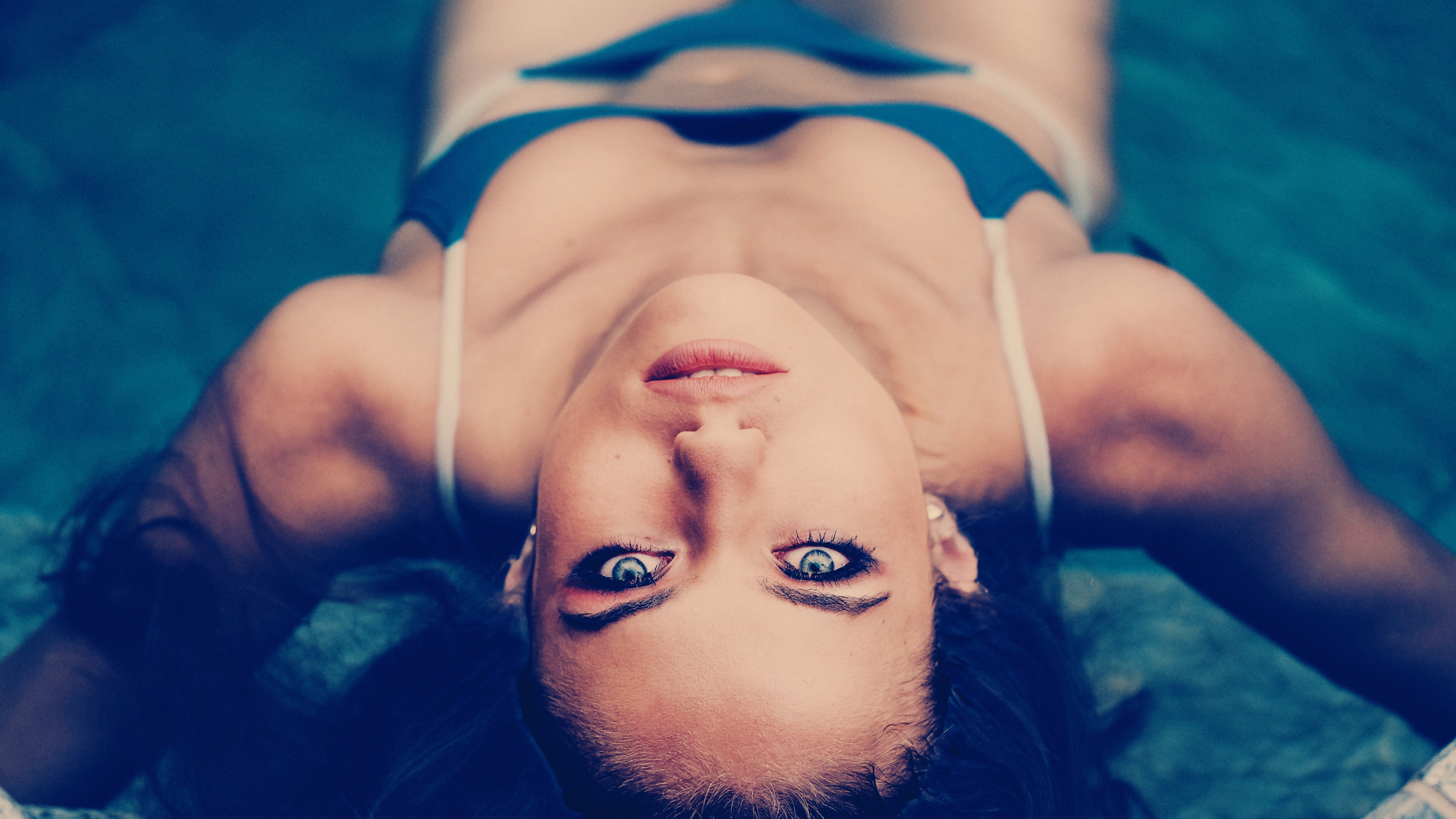 People 3840x2160 women water in water long hair dark hair bikini blue bikini blue blue eyes lying on back belly button lips swimming pool swimwear pierced ear outdoors