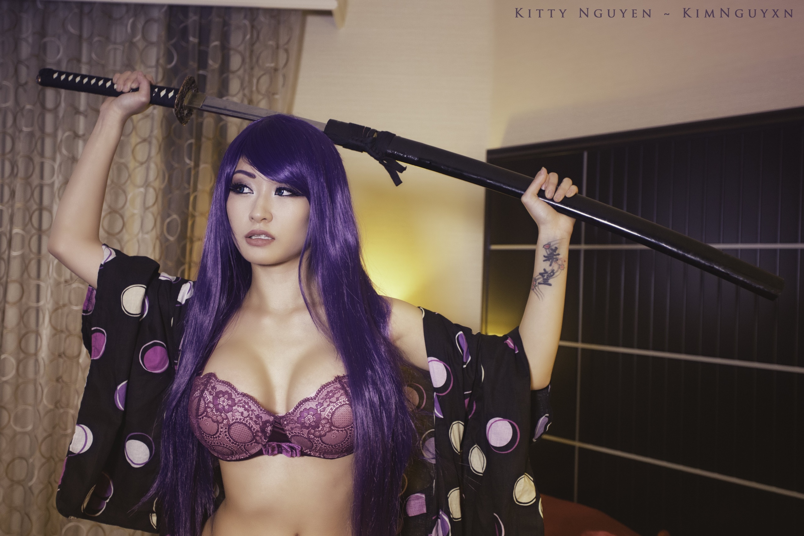 People 2560x1707 boobs purple hair bra Asian women model katana Kitty Nguyen