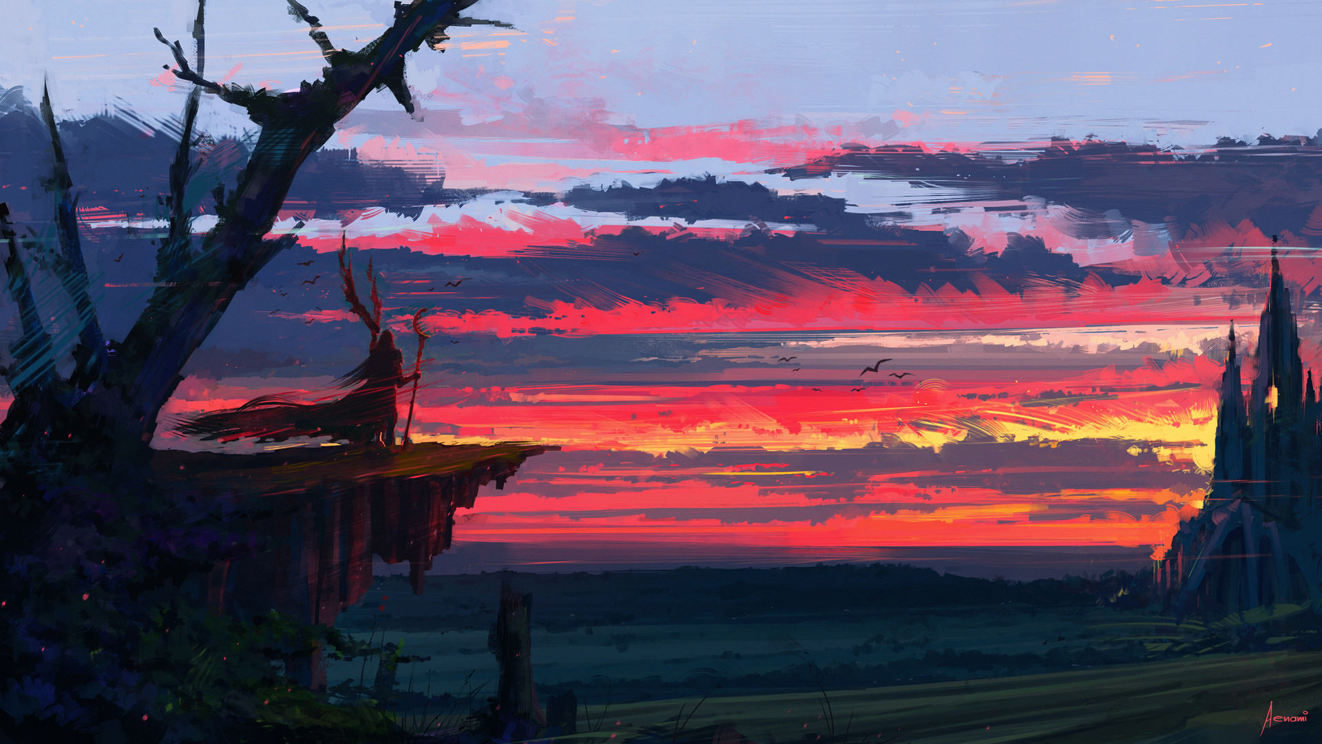 General 1920x1080 Aenami digital art landscape fantasy art artwork clouds sunset staff The Dragon Prince