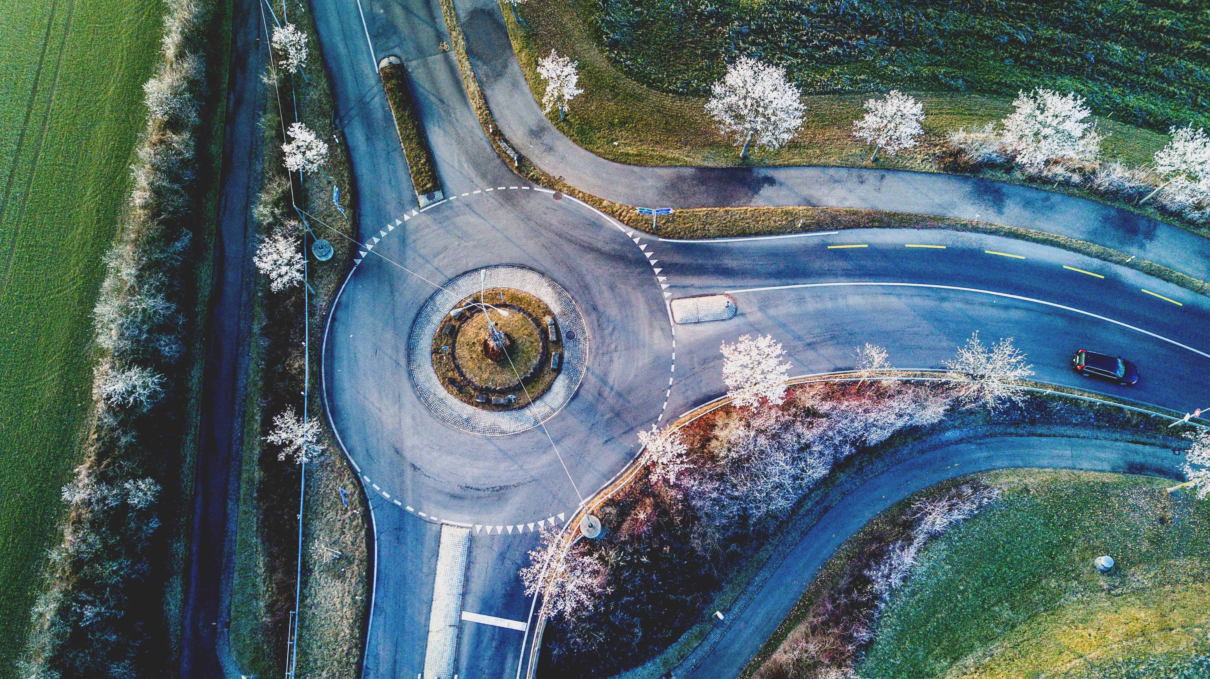 General 3992x2242 architecture road trees roundabouts Switzerland frost aerial view car