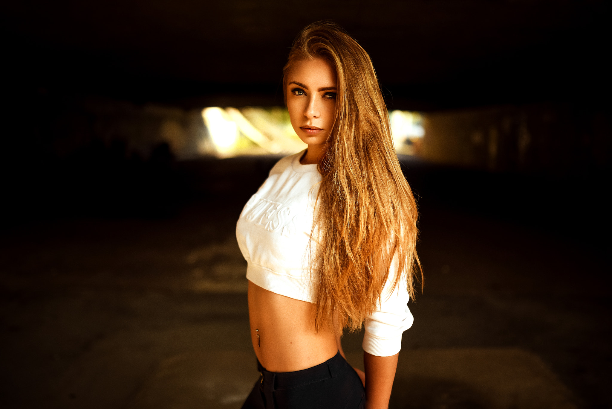 People 2048x1367 women Miro Hofmann blonde belly portrait long hair pierced navel