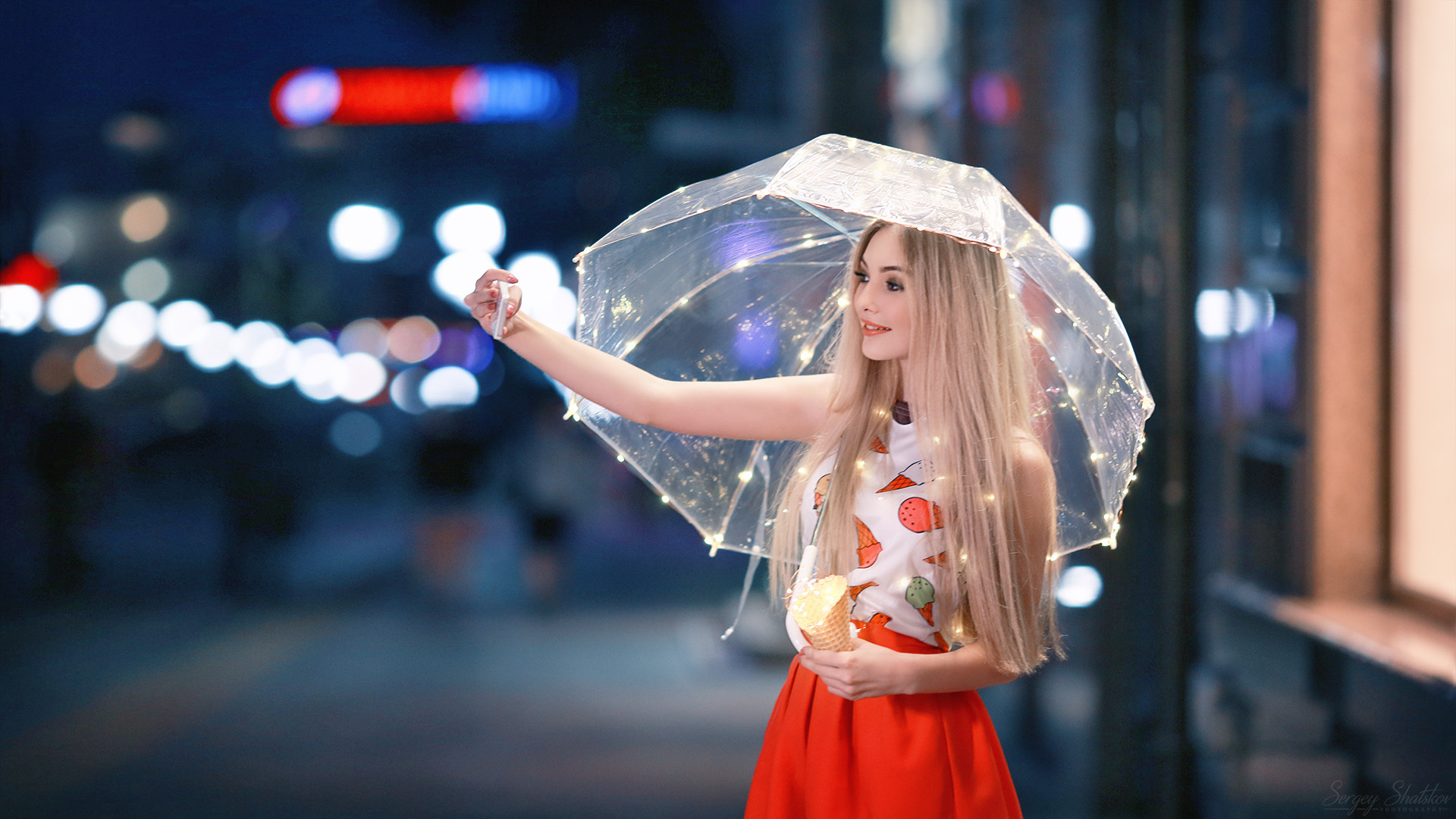 People 1920x1080 women model Sergey Shatskov urban selfies umbrella city night blonde 500px long hair skirt women outdoors women with umbrella straight hair red skirt one arm up smiling