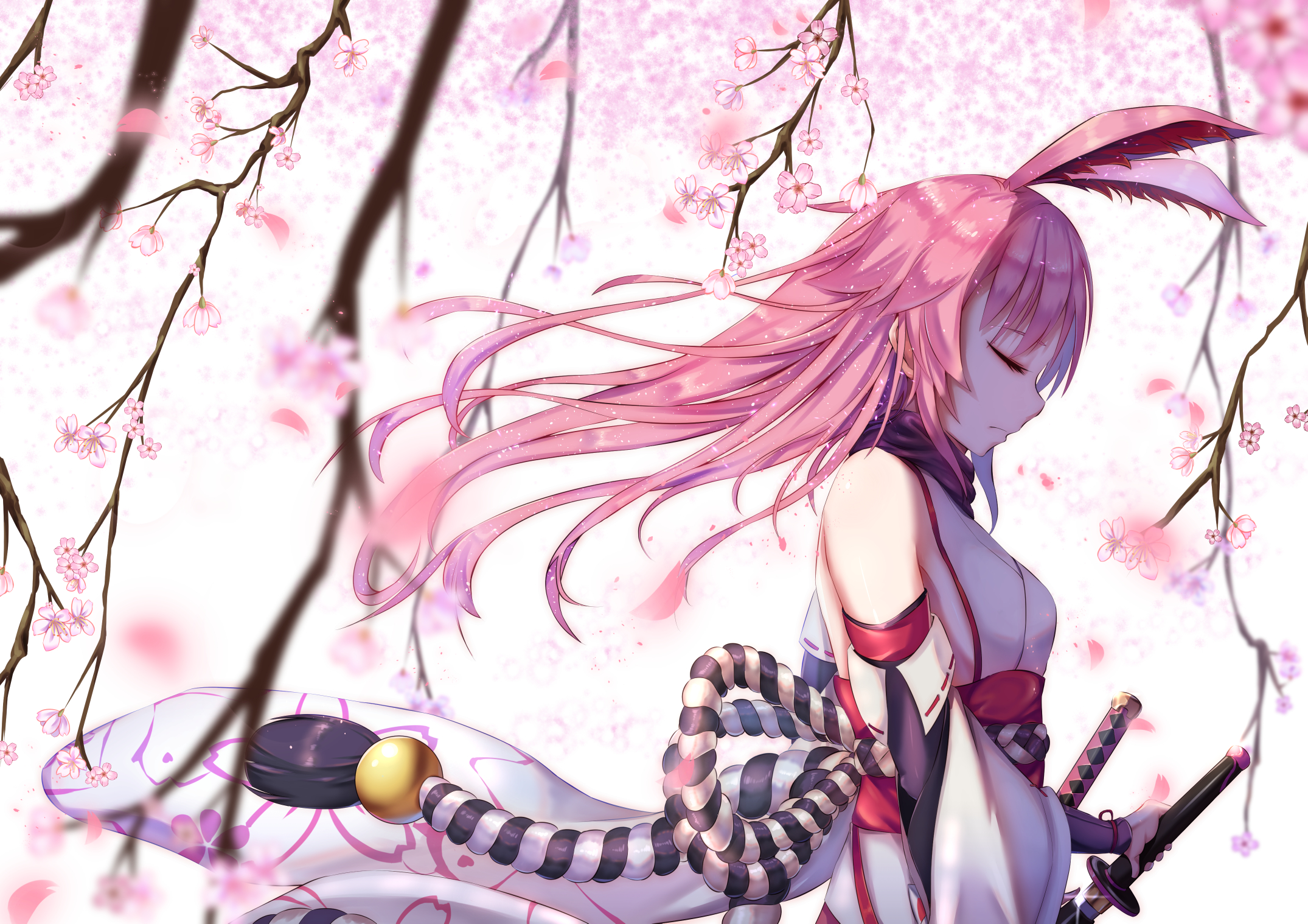 Anime 2150x1518 animal ears cherry blossom Japanese clothes katana long hair petals pink hair sword weapon Yae Sakura (Honkai Impact)