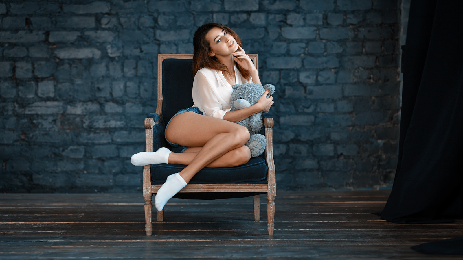 People 1600x900 women sitting socks ass jean shorts teddy bears high waisted shorts legs thighs thighs together white socks hand on face looking at viewer