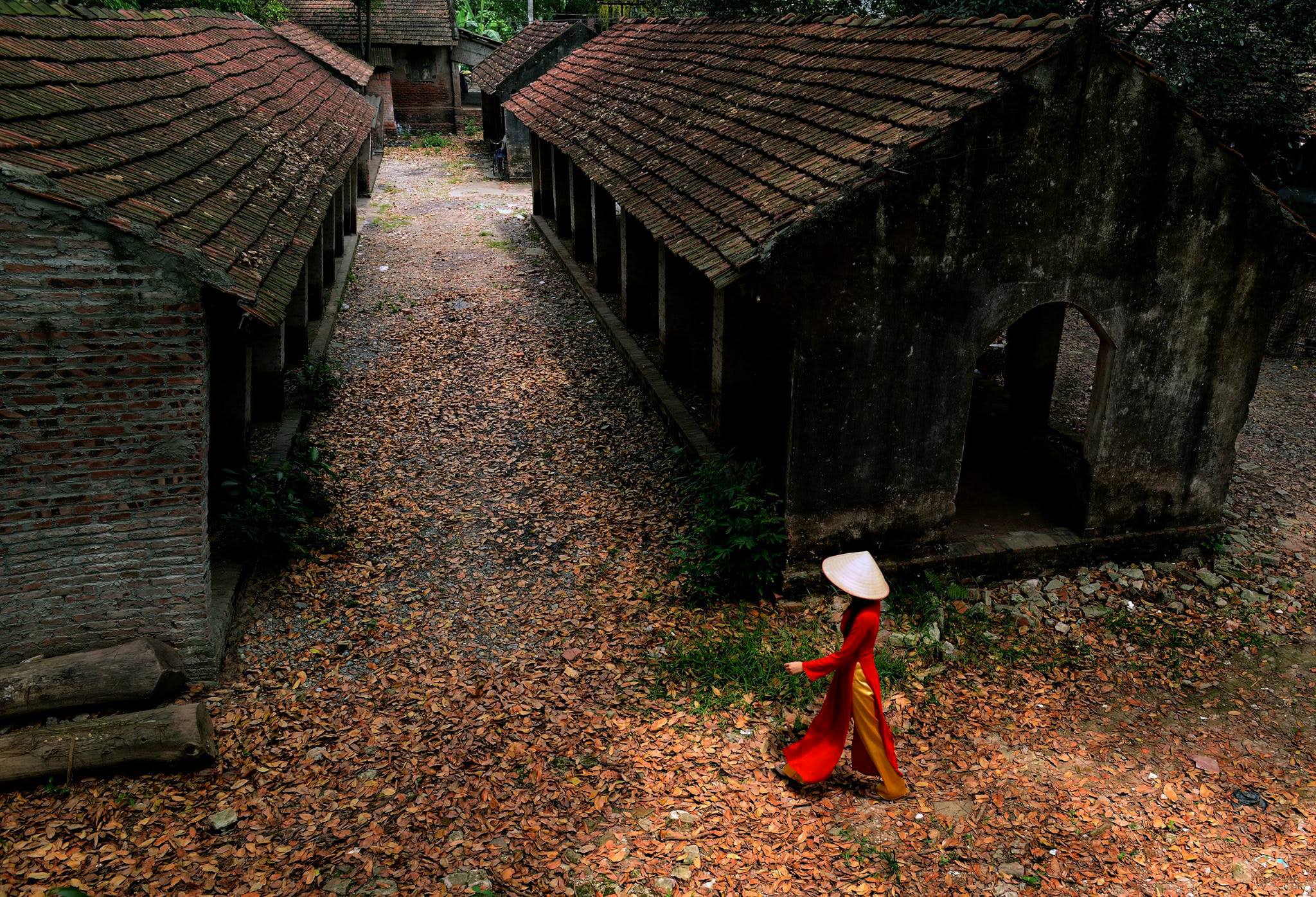 People 2048x1396 photography women model women outdoors red dress straw hat walking old building leaves traditional clothing Asian side view áo dài Vietnam Vietnamese Vietnam dress