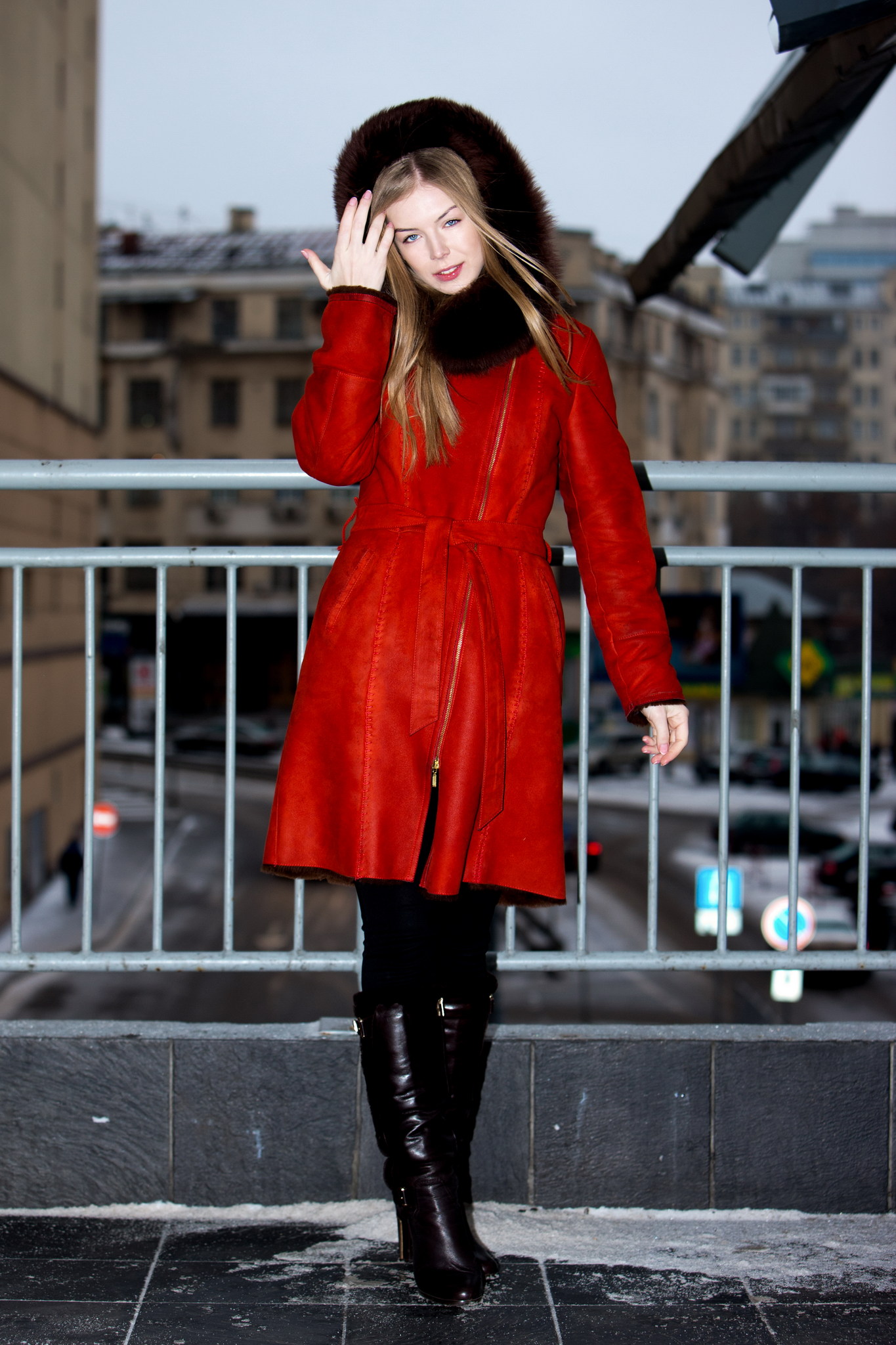 People 1365x2048 blonde women model red coat knee-high boots straight hair long hair touching hair hoods blue eyes standing black pants looking at viewer Flavia A women outdoors balcony coats overcoats glamour Ukrainian public fur red clothing MetArt glamour girls Ukrainian model solo zipper fashion