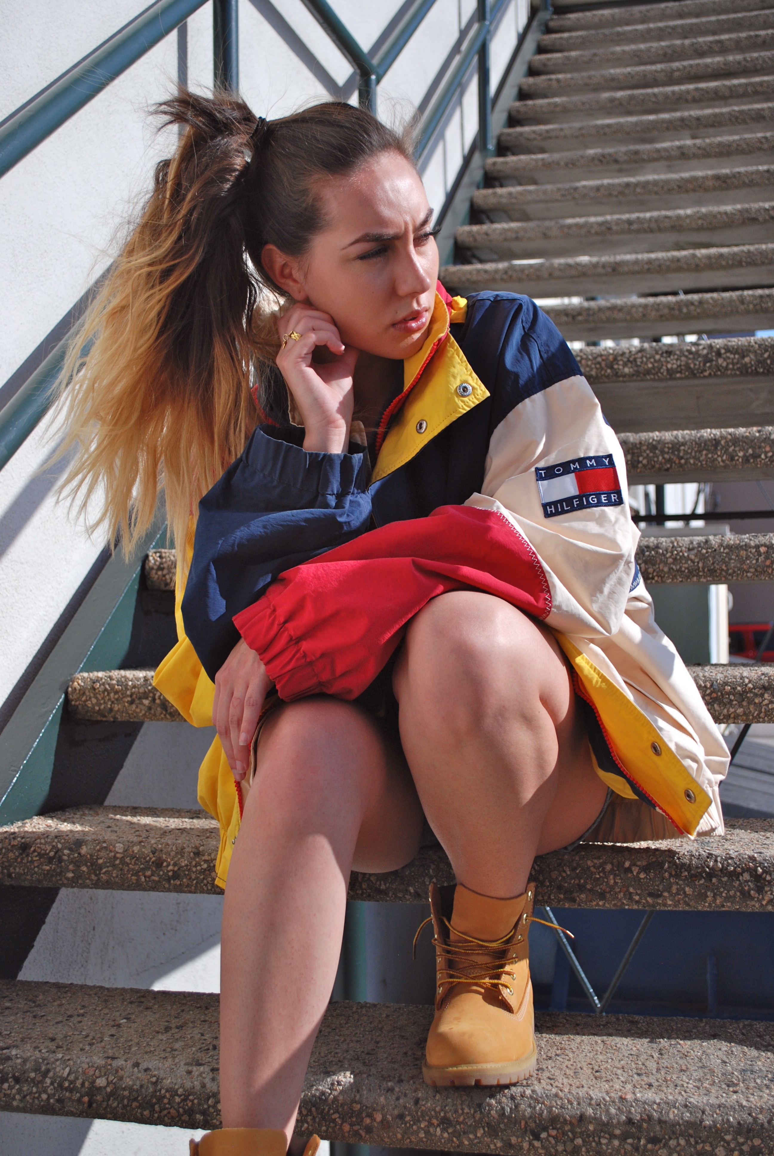 People 2592x3872 looking away looking into the distance Tommy Hilfiger women stairs sitting boots