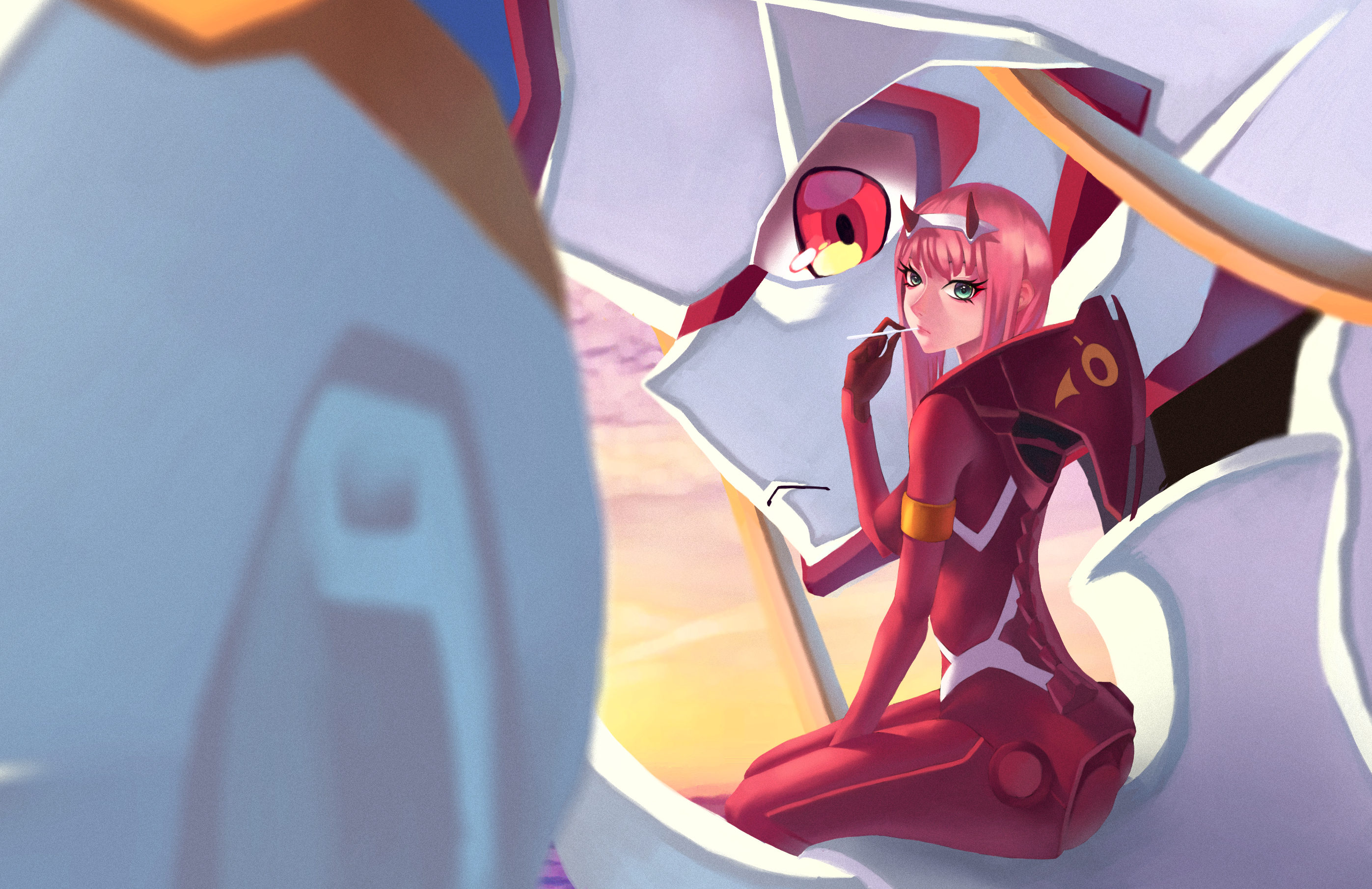 Anime 2794x1811 digital art artwork pink hair green eyes Darling in the FranXX Zero Two (Darling in the FranXX) anime anime girls mecha girls bodysuit long hair horns tight clothing looking at viewer looking back lollipop