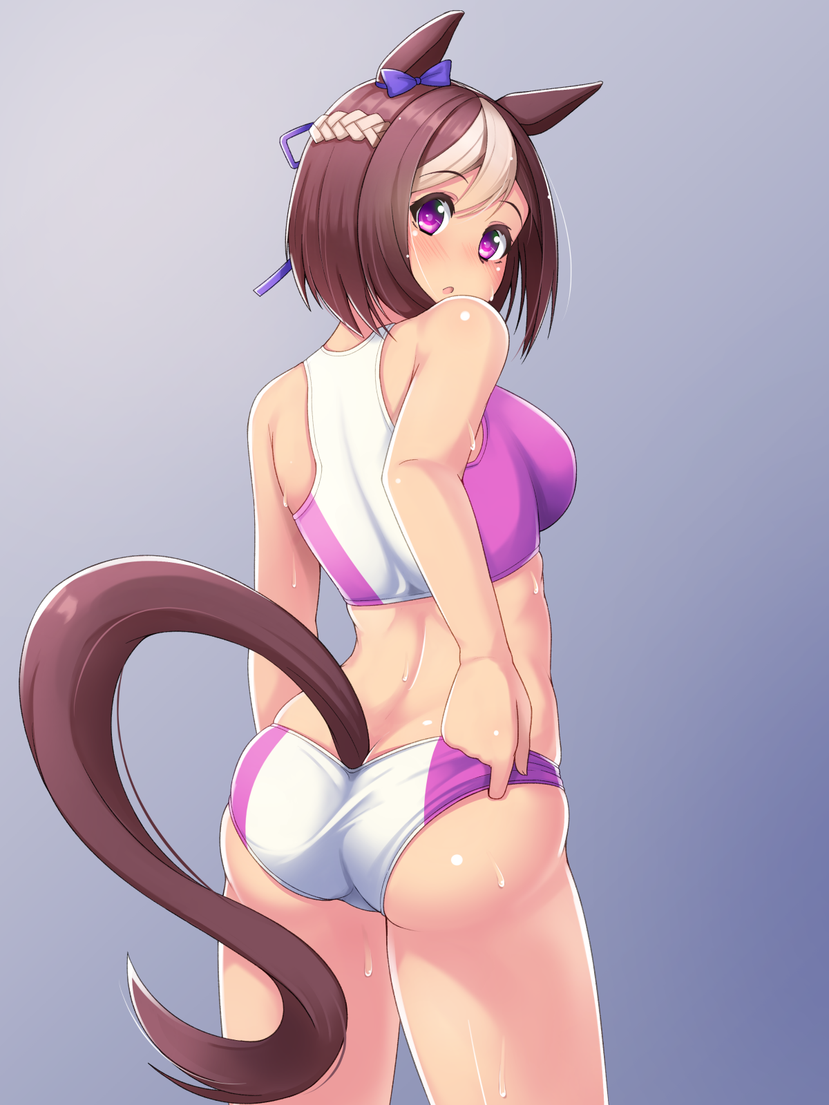 Anime 1200x1600 animal ears ass gym clothes tail Uma Musume Pretty Derby anime girls big boobs thighs cameltoe sideboob braids purple eyes sports bra open mouth sweaty body bangs two tone hair blushing Special Week (Uma Musume) brunette white hair ecchi short hair looking back rear view erotic art  fan art artwork Alfort looking at viewer 2D anime Pixiv standing