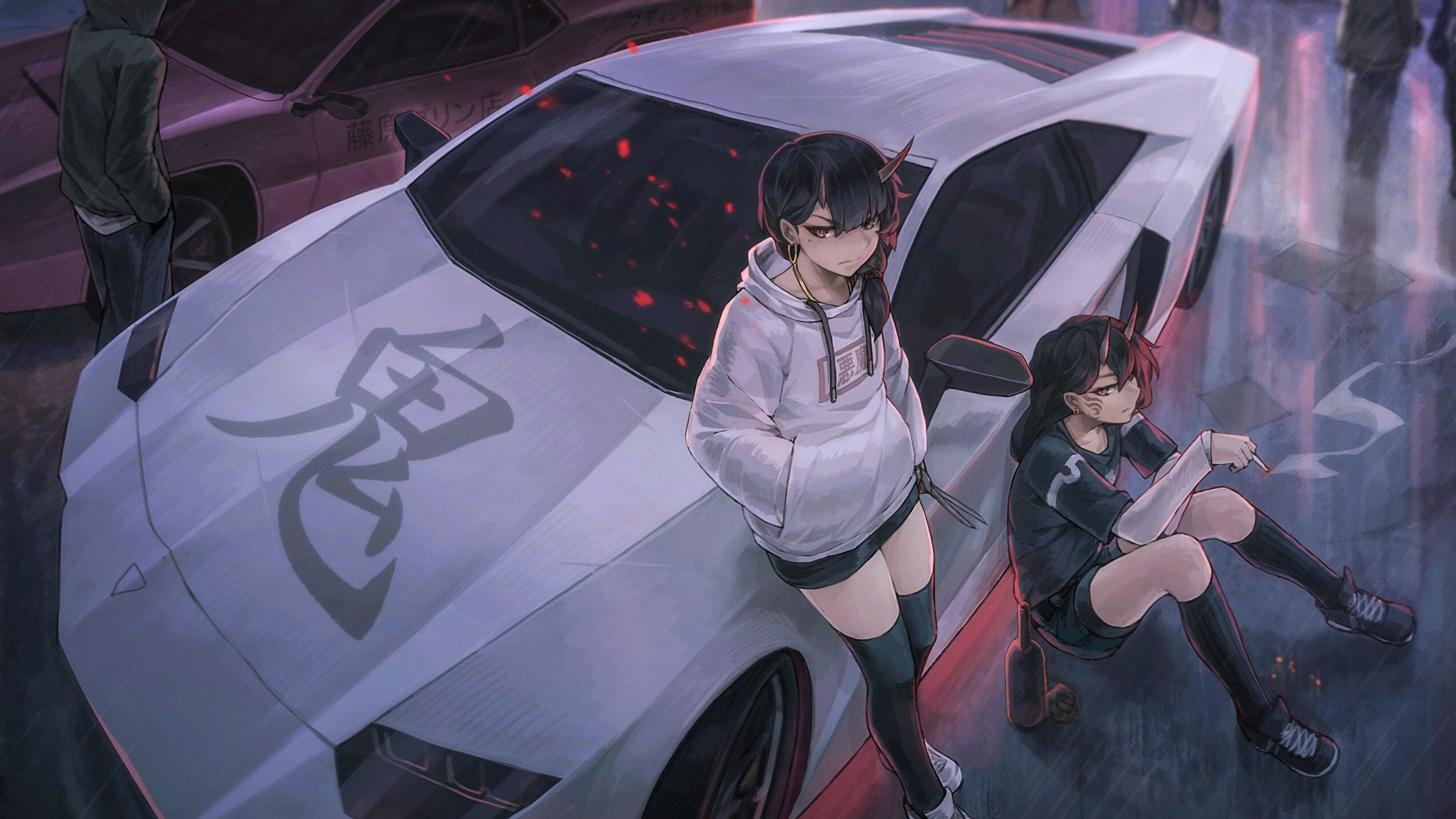 Anime 2550x1434 anime anime girls kanji car Lamborghini Aventador high angle oni girl Lamborghini