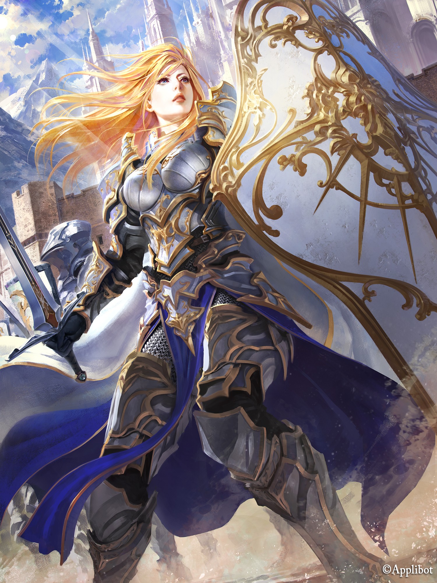 Anime 1500x2000 armor sword figure-hugging armor low-angle Pixiv fantasy art fantasy girl blonde long hair fantasy armor shield women